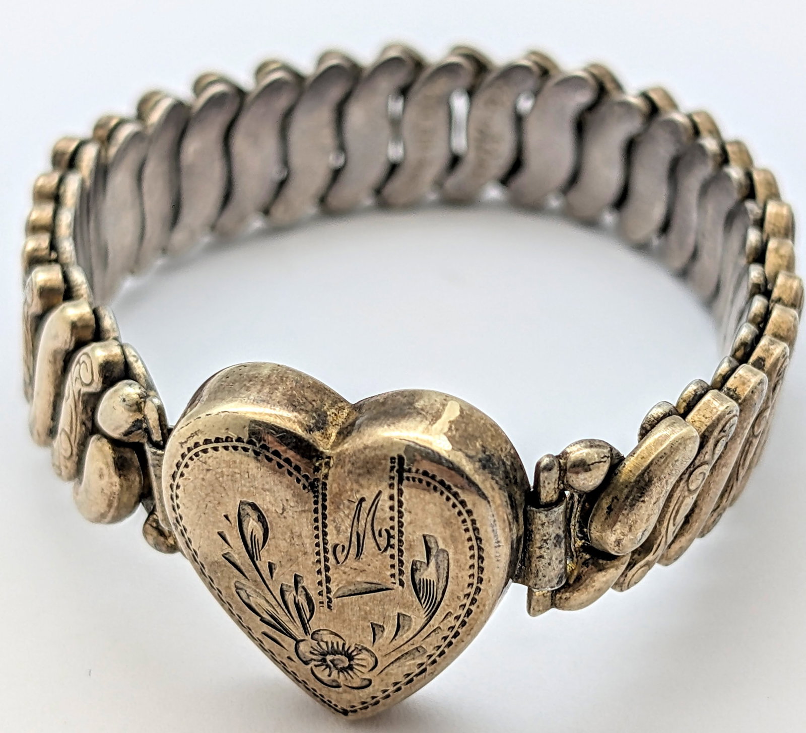 Vintage Sweetheart Ladies Bracelet w/ Sterling base by Co-Star: Engraved with Initial 'M' on Heart
