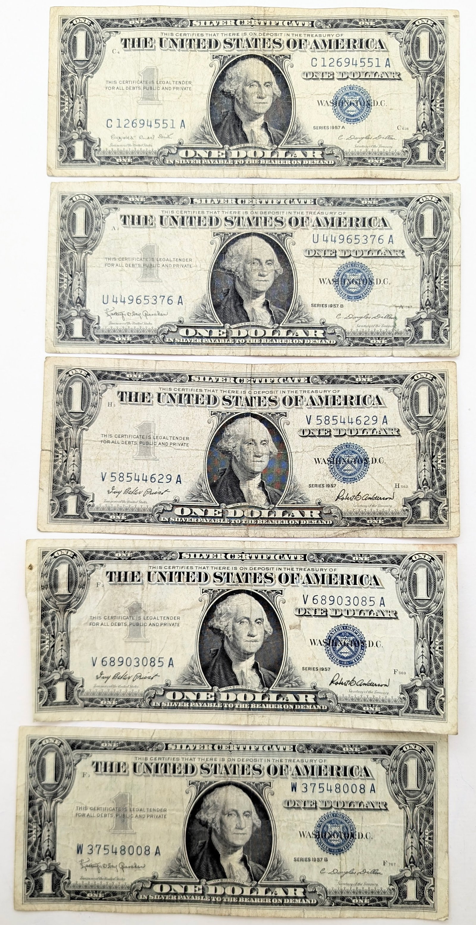 Lot of 5 - 1957/1957 A/B $1 Notes - Silver Certificates (1 of 2)