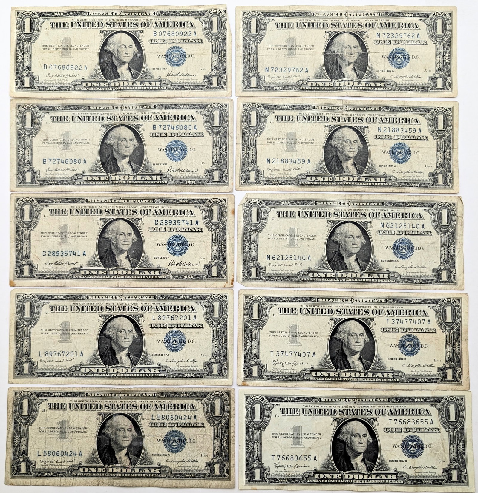 Lot of 10 - 1957/1957 A/B $1 Notes - Silver Certificates (1 of 2)