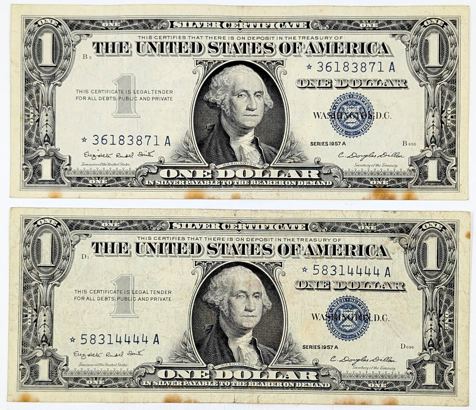 Lot of 2 - 1957-A $1 Star Notes - Silver Certificates - Repeater 58314444 (1 of 2)