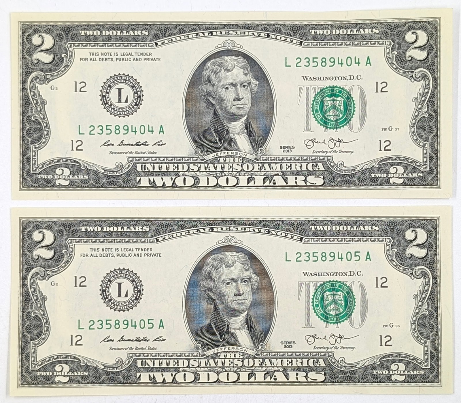 Lot of 2 Uncirculated Sequential 2013 $2 Notes - Green Seals: Uncirculated