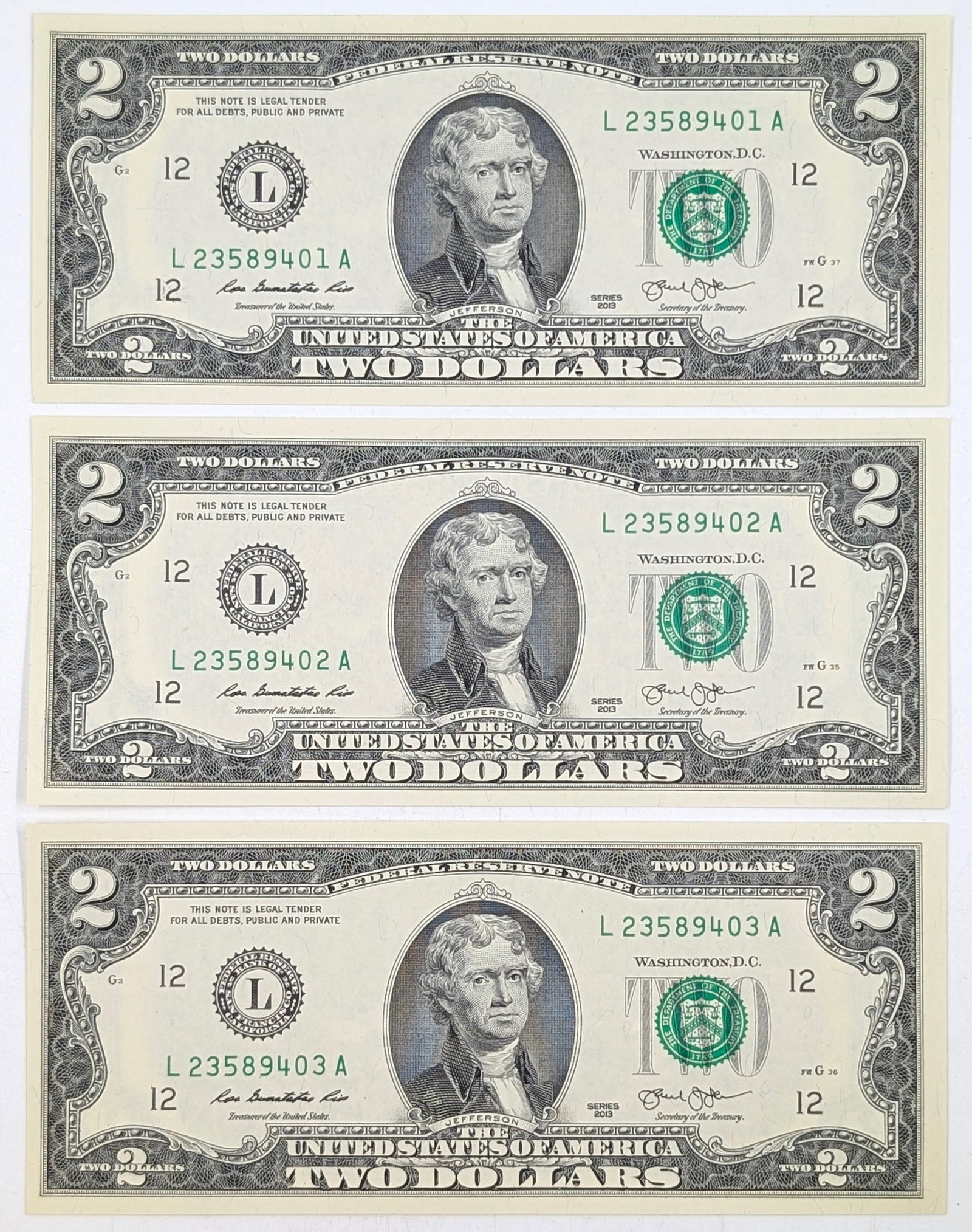 Lot of 3 Uncirculated Sequential 2013 $2 Notes - Green Seals: Uncirculated