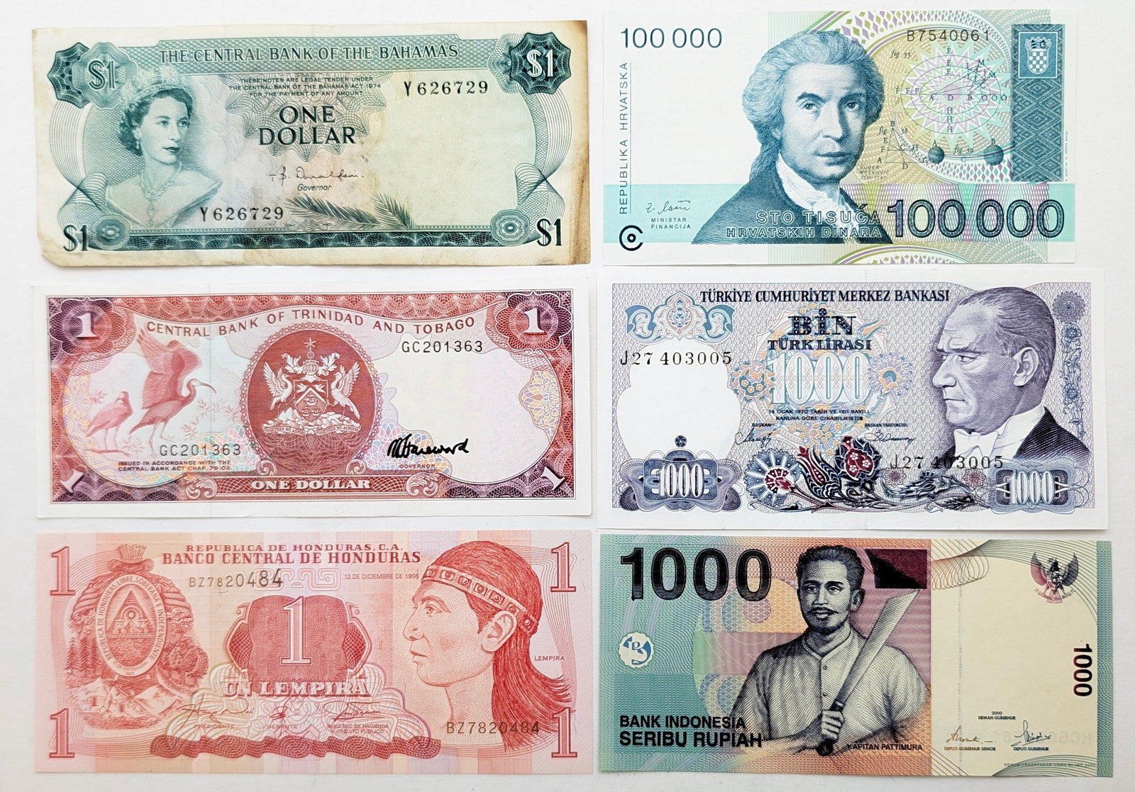 Lot of 6 Foreign Currency - Bahamas, Turkey, Honduras, etc. (1 of 2)