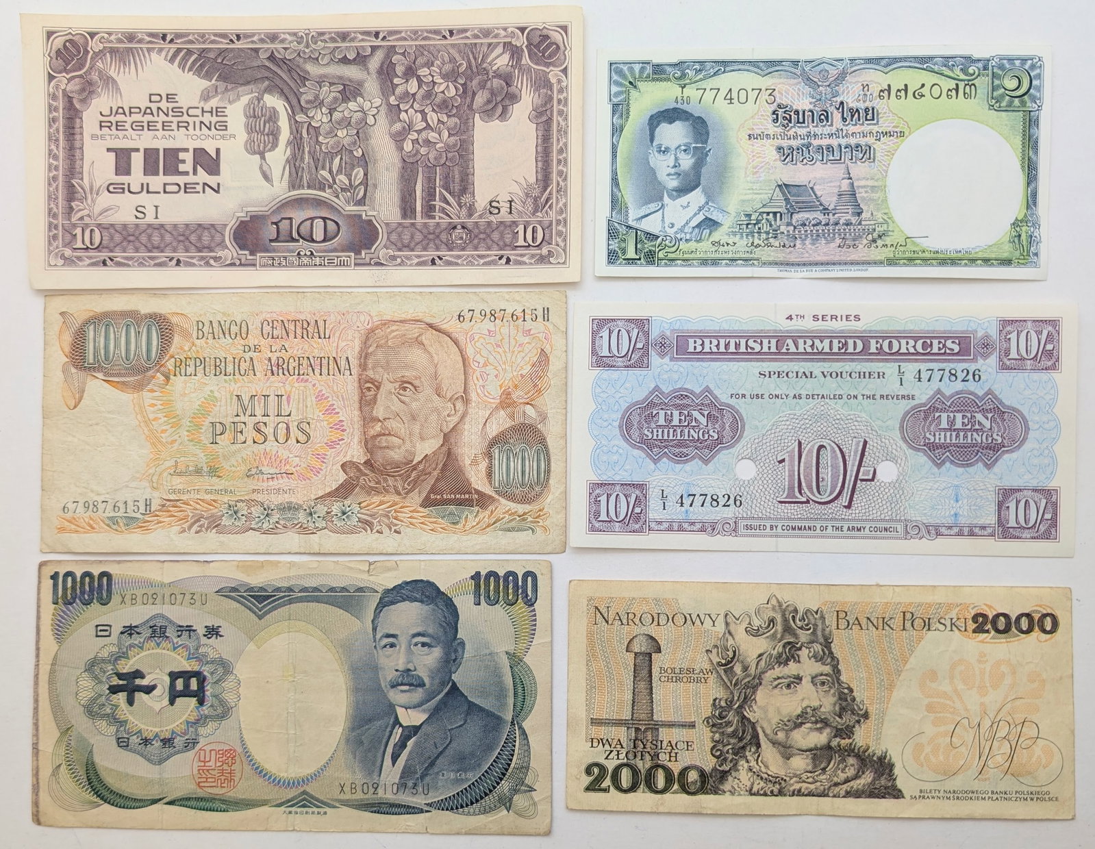 Lot of 6 Foreign Currency - Argentina, Poland, Thailand, etc. (1 of 2)
