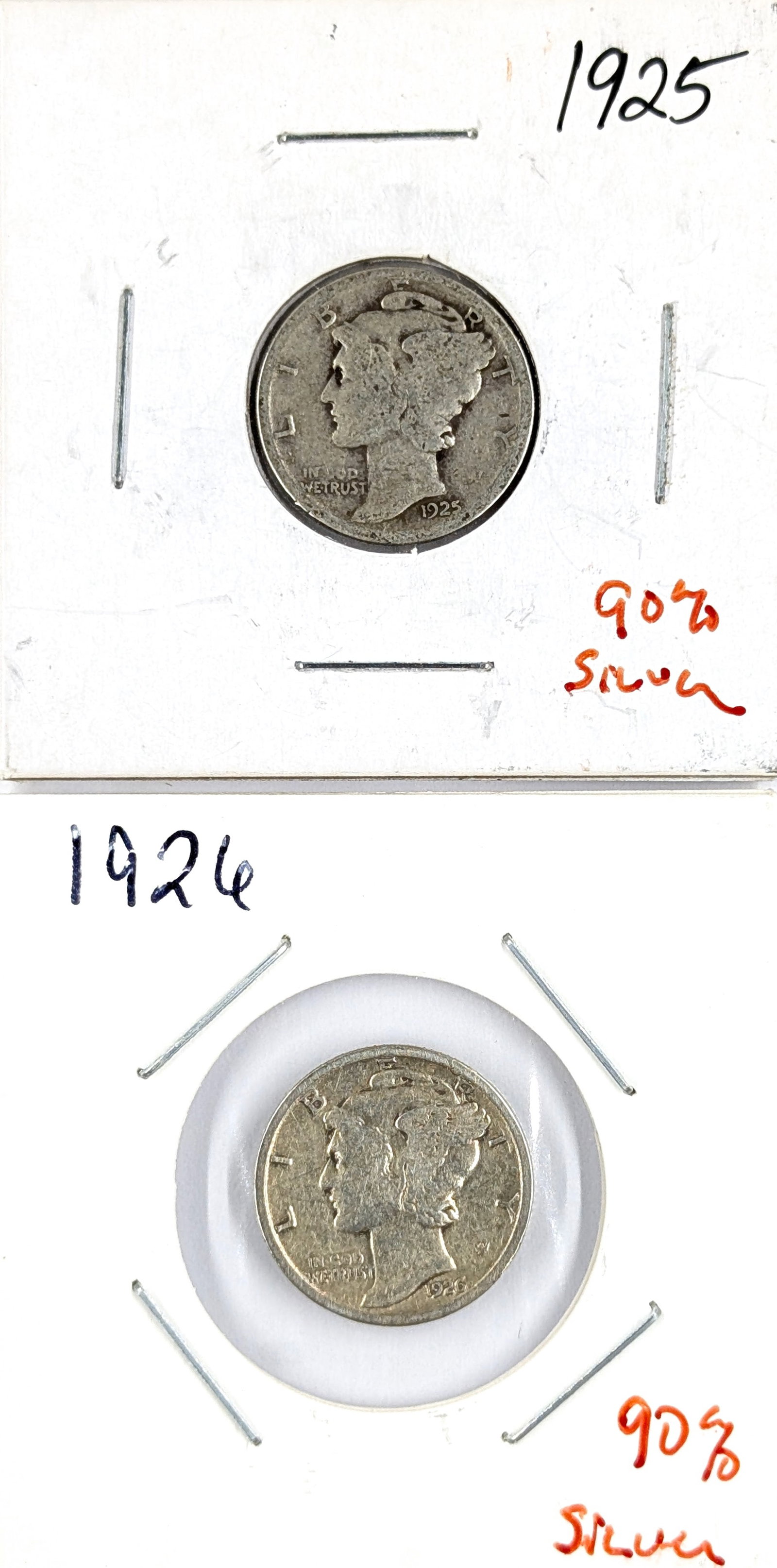 Lot of 2 Silver Mercury Dimes - 1925, 1926: Silver