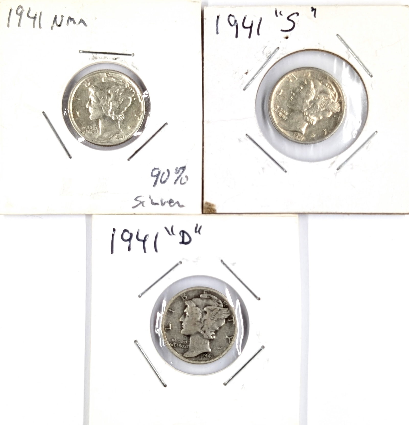 Lot of 3 Silver Mercury Dimes - 1941 P/D/S (1 of 2)