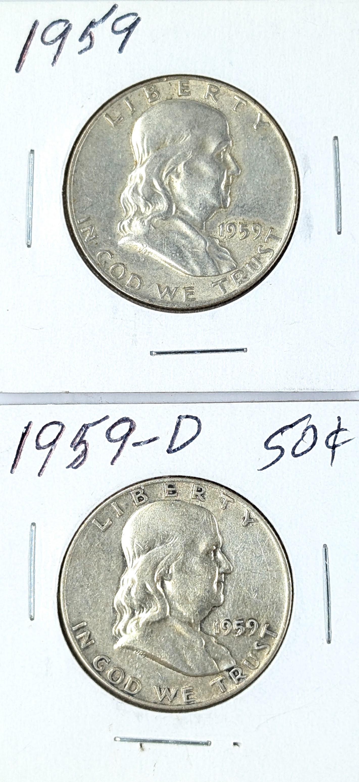 Lot of 2 Silver Franklin Half Dollars - Uncirculated 1959 P/D: Silver