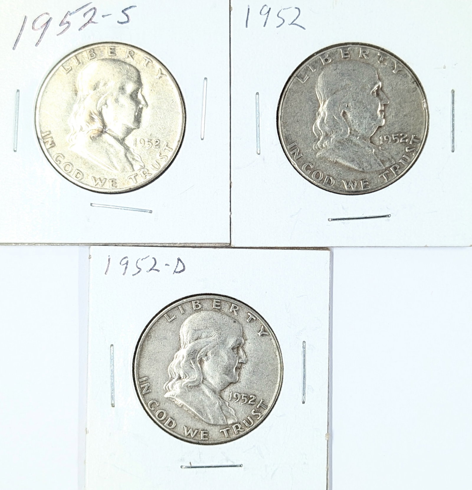 Lot of 3 Silver Franklin Half Dollars - 1952 P/D/S: Silver