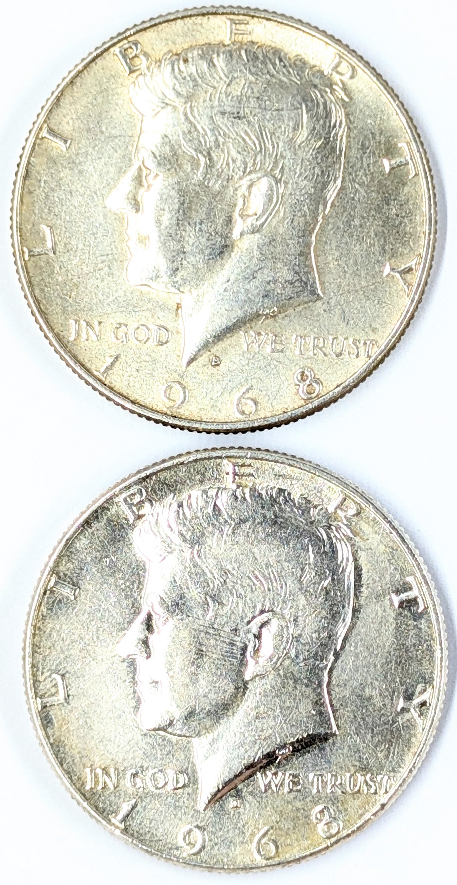 Lot of 2 Silver John F Kennedy Half Dollars - Both 1968-D: 40% Silver