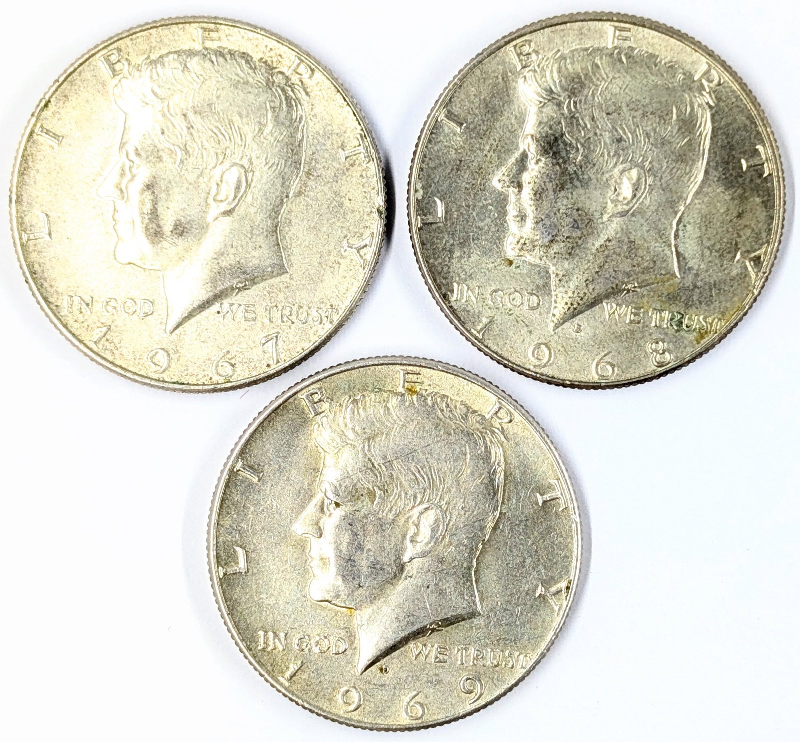 Lot of 3 Silver John F Kennedy Half Dollars - 1967, 1968-D, 1969-D: 40% Silver