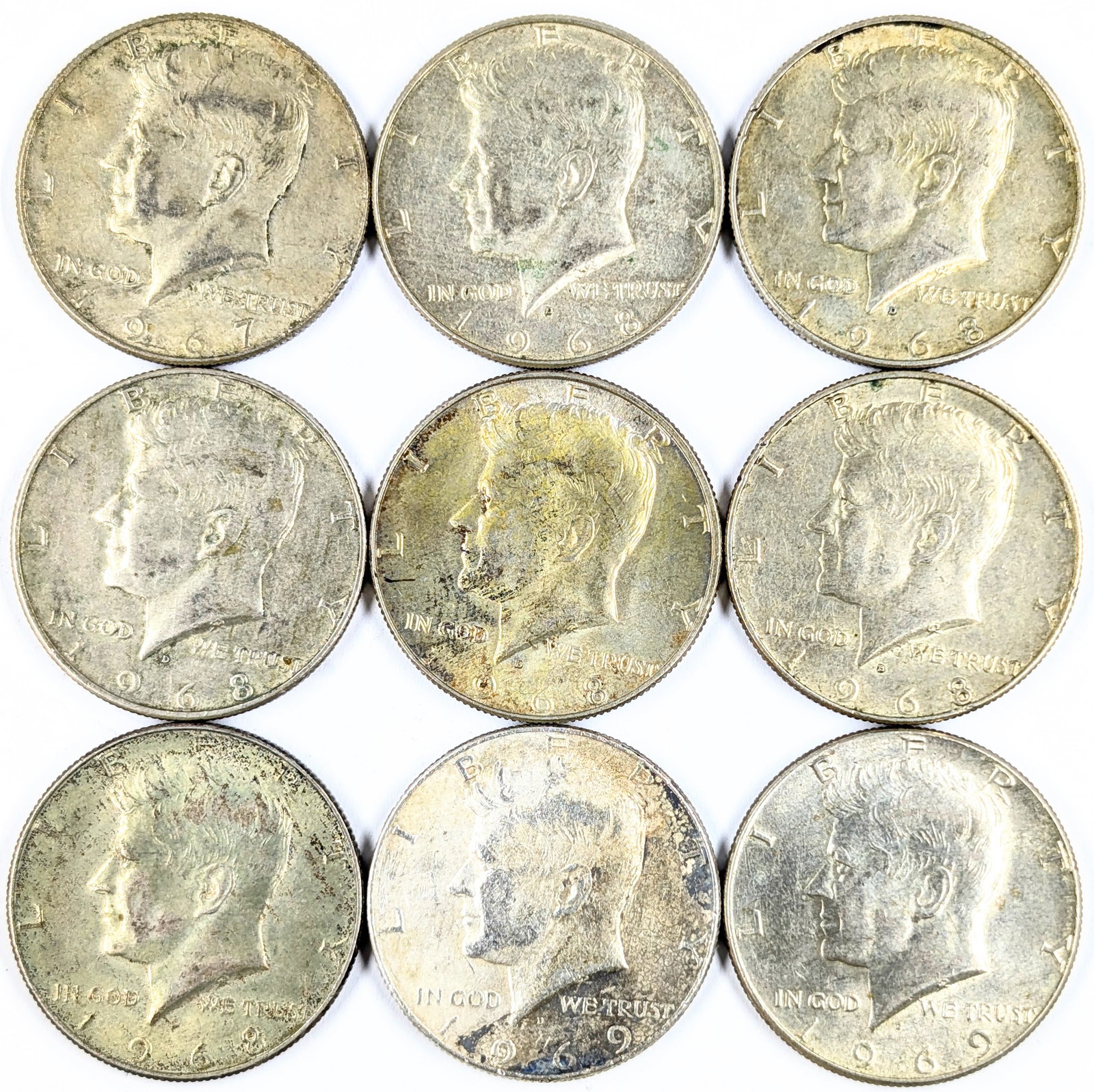 Lot of 9 Silver John F Kennedy Half Dollars - 1967-1969: 40% Silver