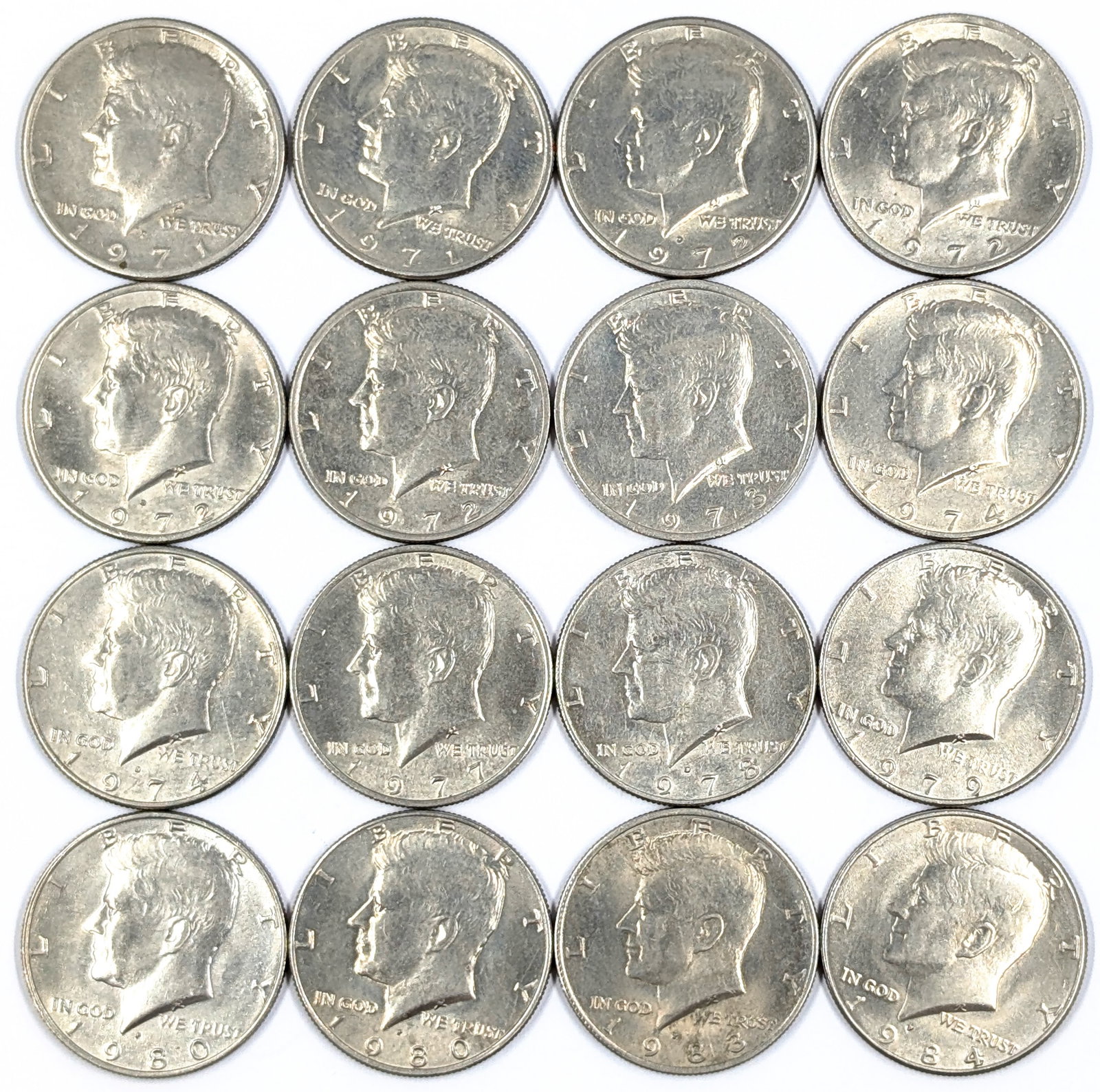 Lot of 16 John F Kennedy Half Dollars - 1971-1984 - Some Uncirculated (1 of 2)