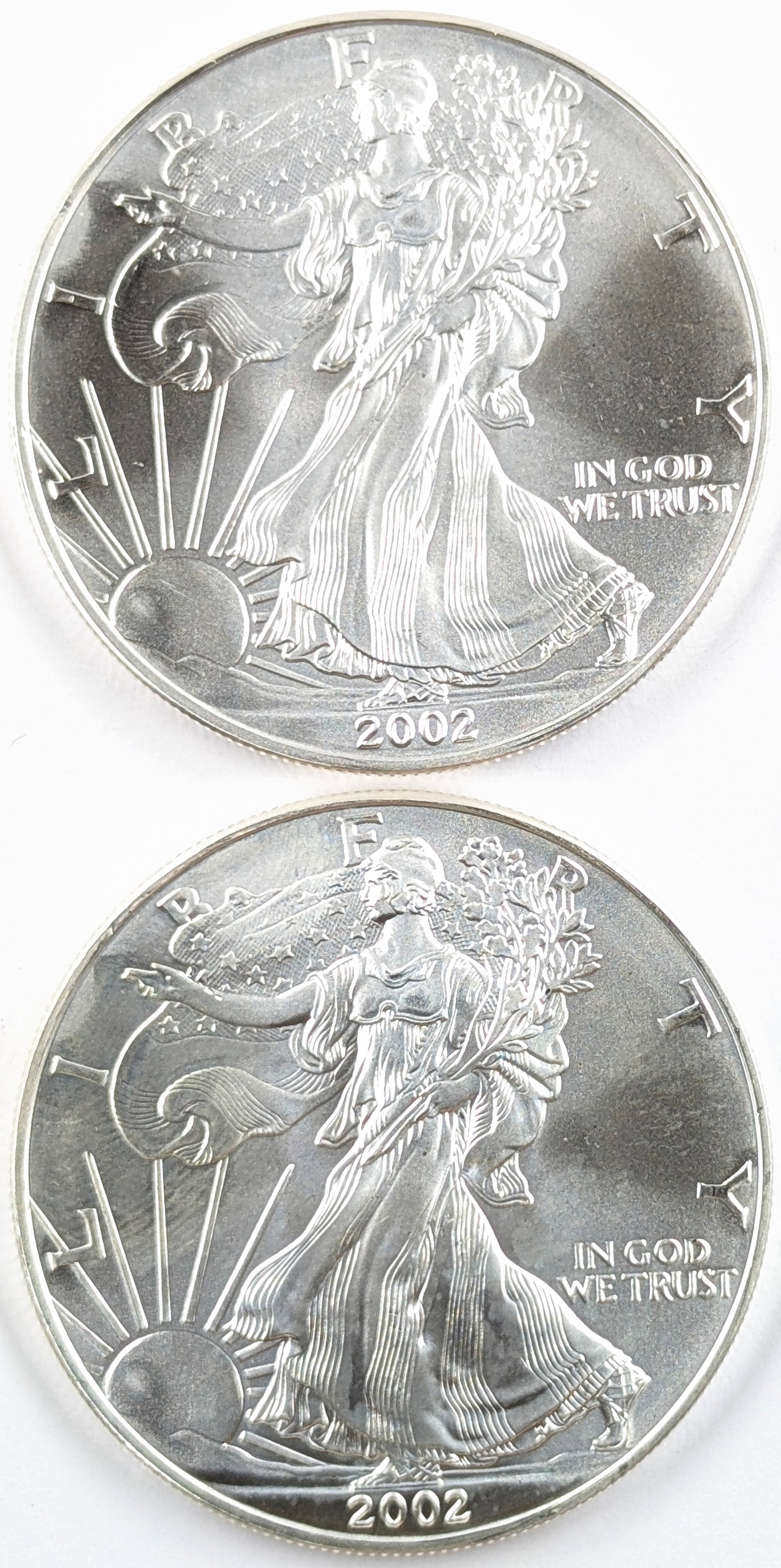 Lot of 2 - 2002 American Silver Eagle Dollars: Silver
