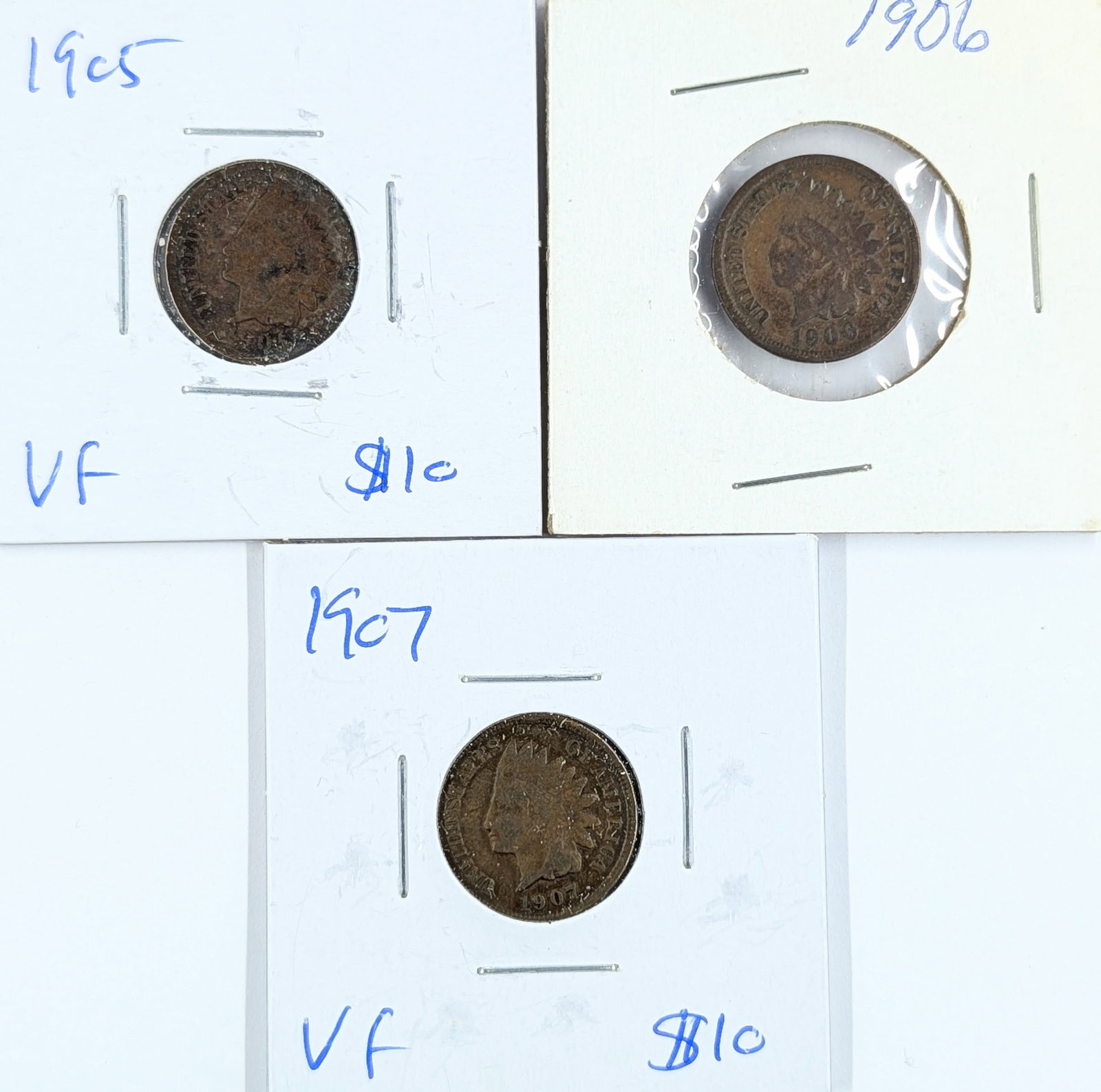 Lot of 3 Indian Head Cents - 1905, 1906, 1907: Coin