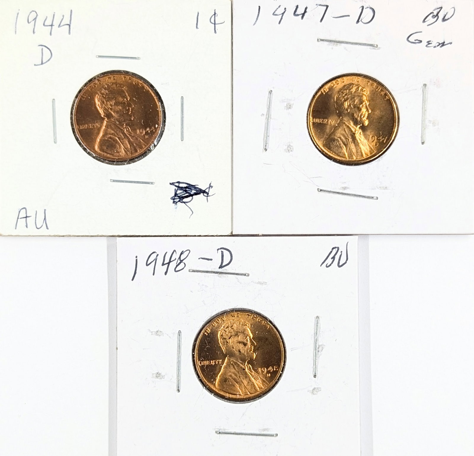 Lot of 3 Wheat Cents - Uncirculated 1944-D, 1947-D, 1948-D: Coin