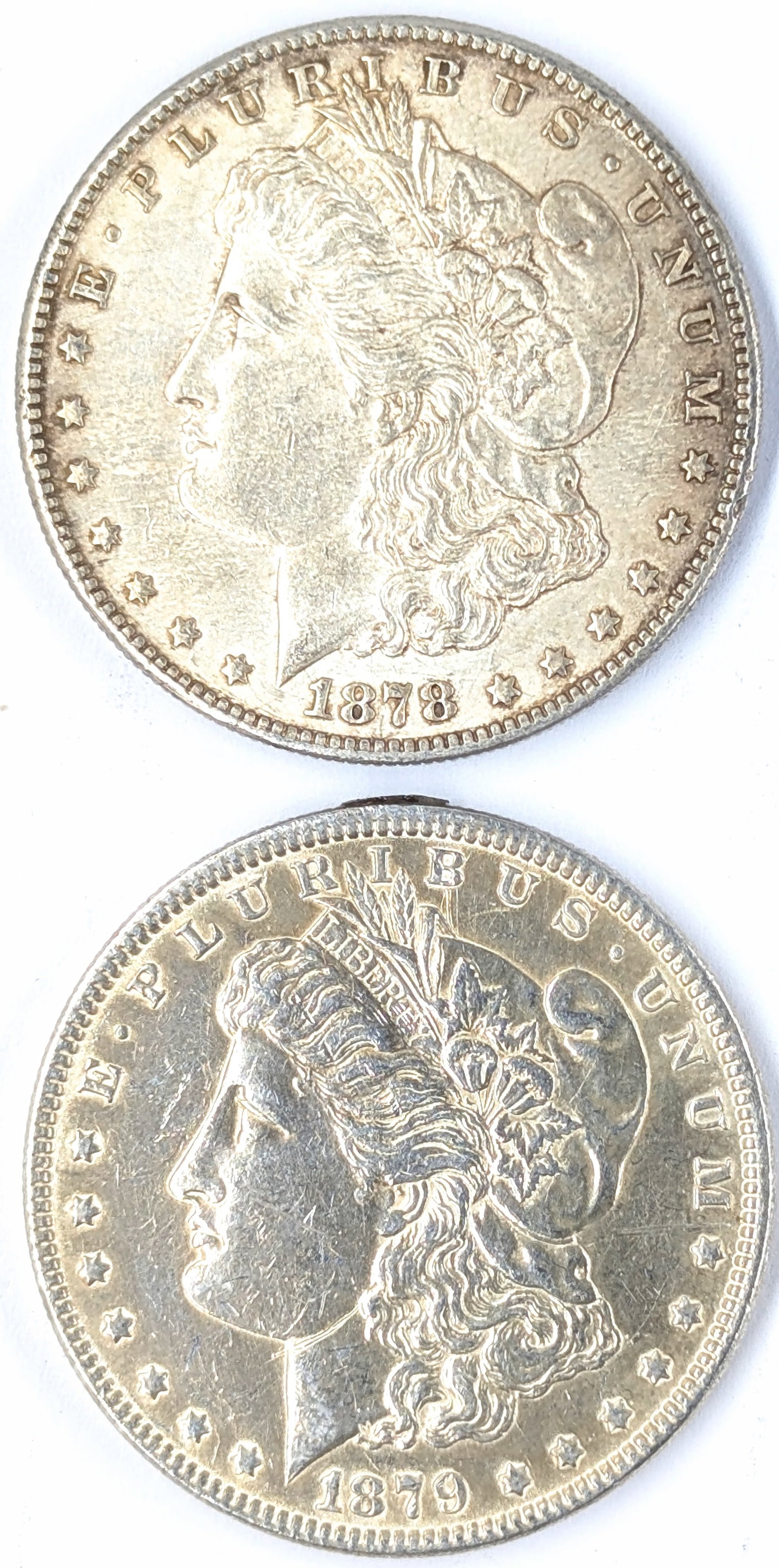 Lot of 2 Morgan Silver Dollars - 1878-S, 1879: 1878 First year of issue Silver