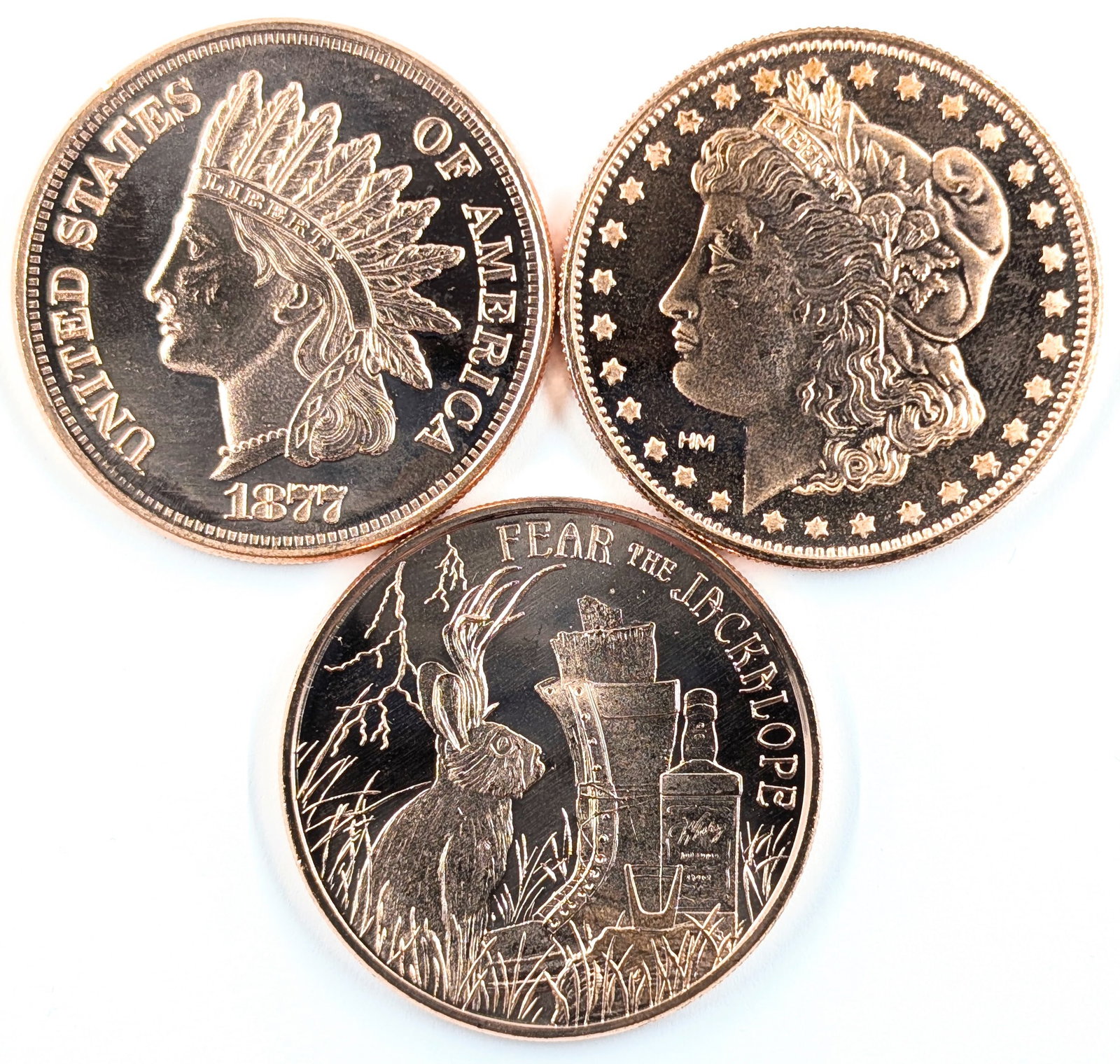 Lot of 3 - 1 Ounce (each) Fine .999 Copper Rounds - Indian, Liberty, Jackalope: Copper