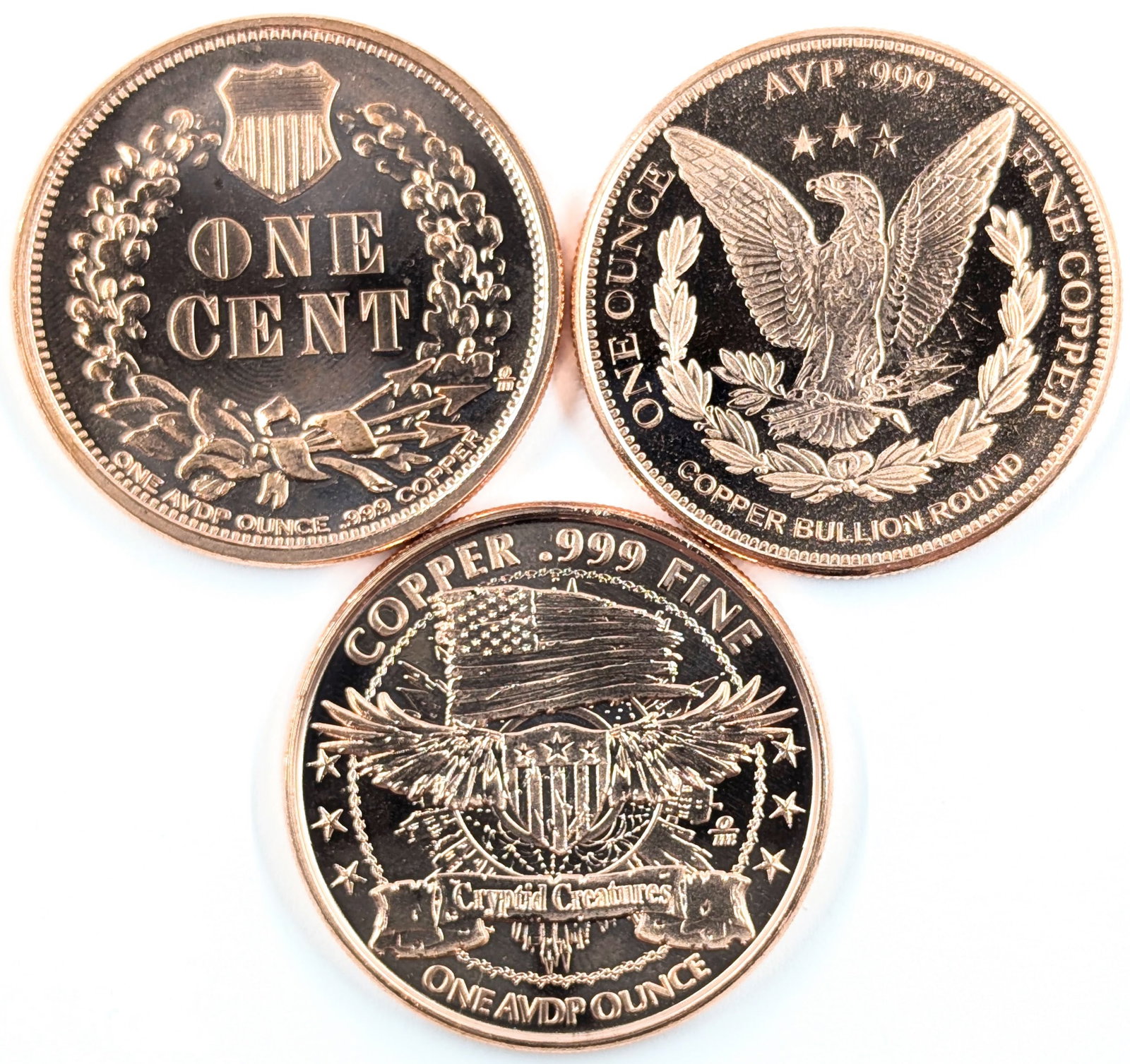 Lot of 3 - 1 Ounce (each) Fine .999 Copper Rounds - Indian, Liberty, Jackalope - 2