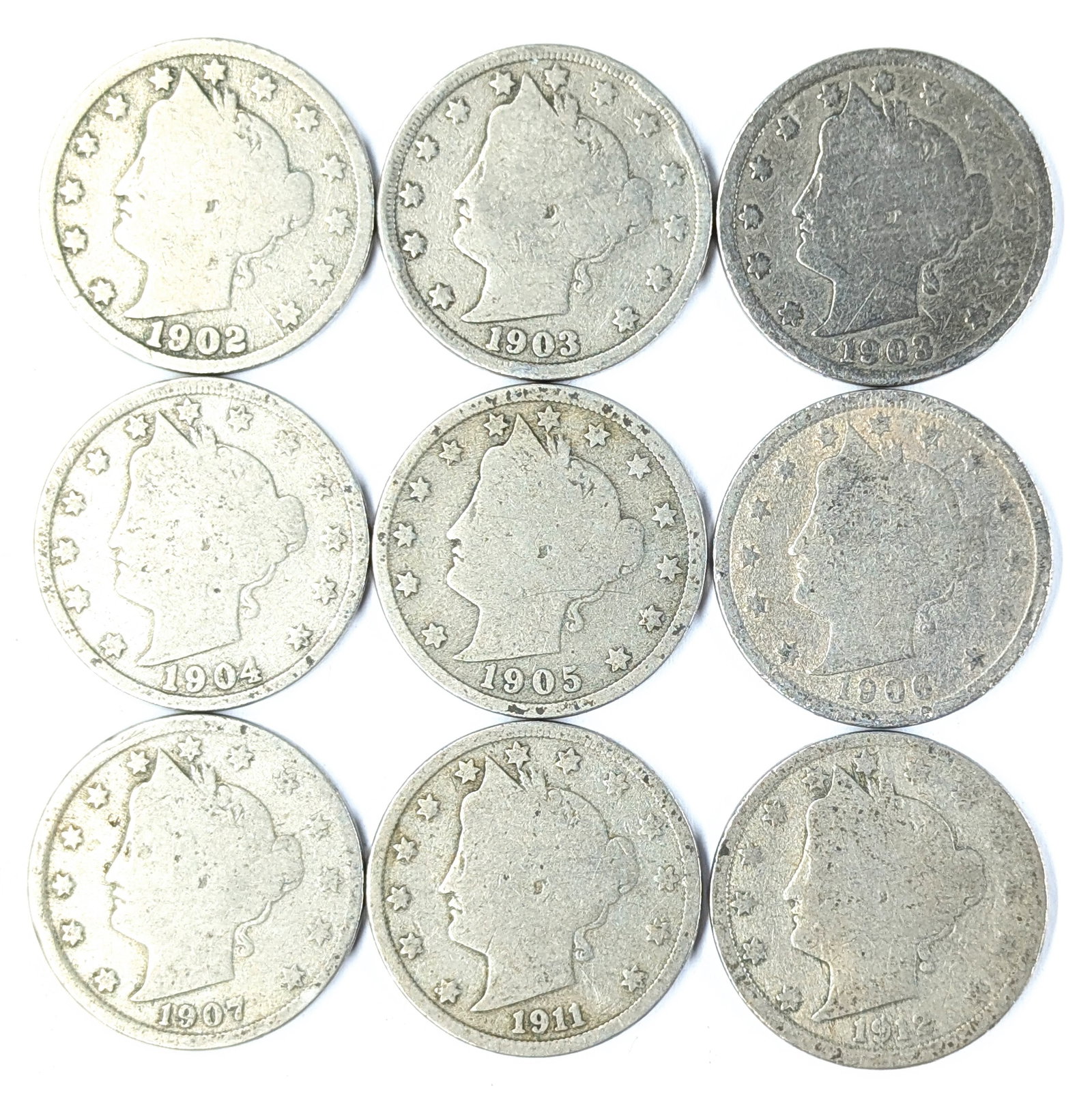Lot of 9 Liberty V Nickels - 1902-1912: Coin