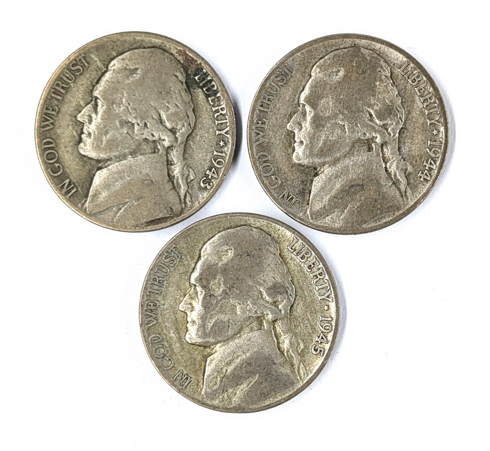 Lot of 3 Silver War Nickels - 1943-P, 1944-P, 1945-P (1 of 2)