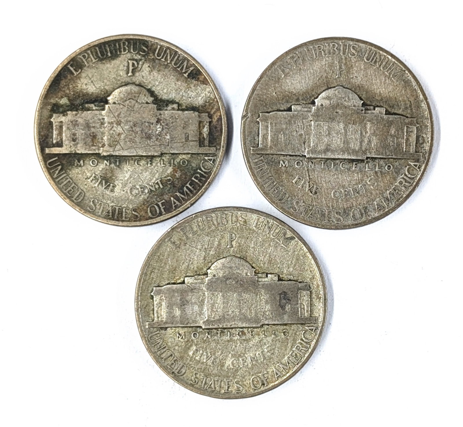 Lot of 3 Silver War Nickels - 1943-P, 1944-P, 1945-P - 2