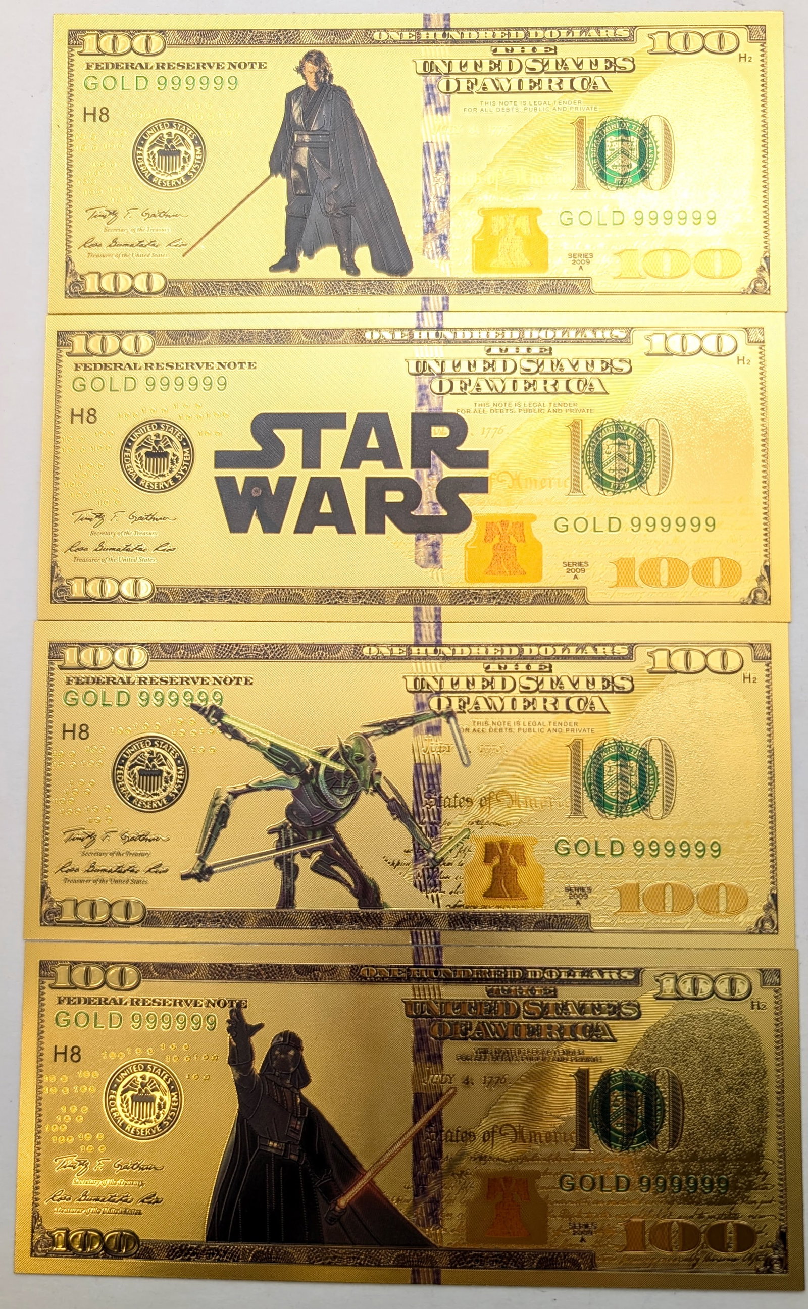 Lot of 4 Star Wars Gold foil $100 design: Gold foil