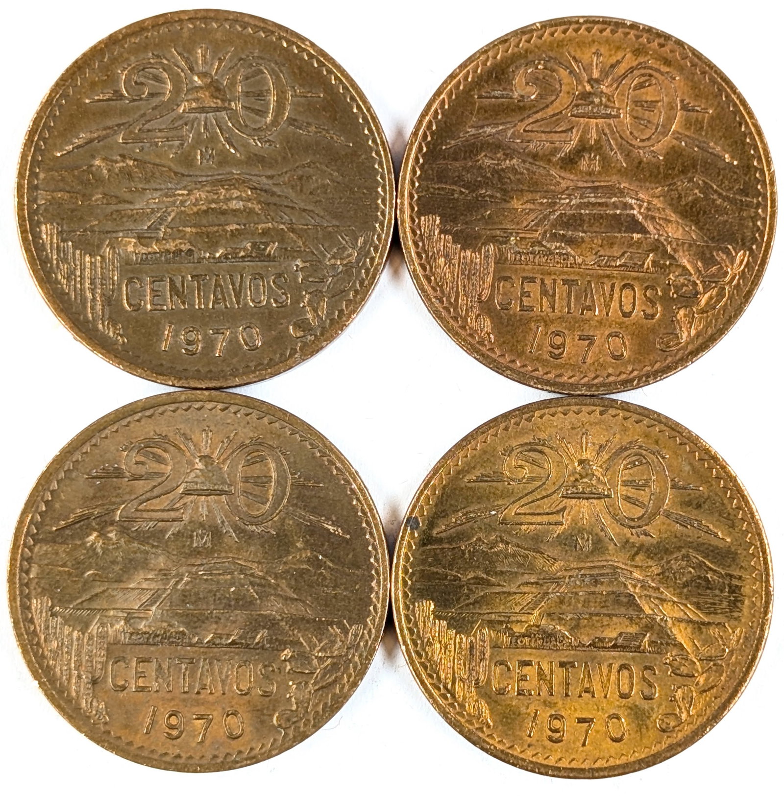 Lot of 4 Uncirculated 1970 Mexican 20 Centavos - 2