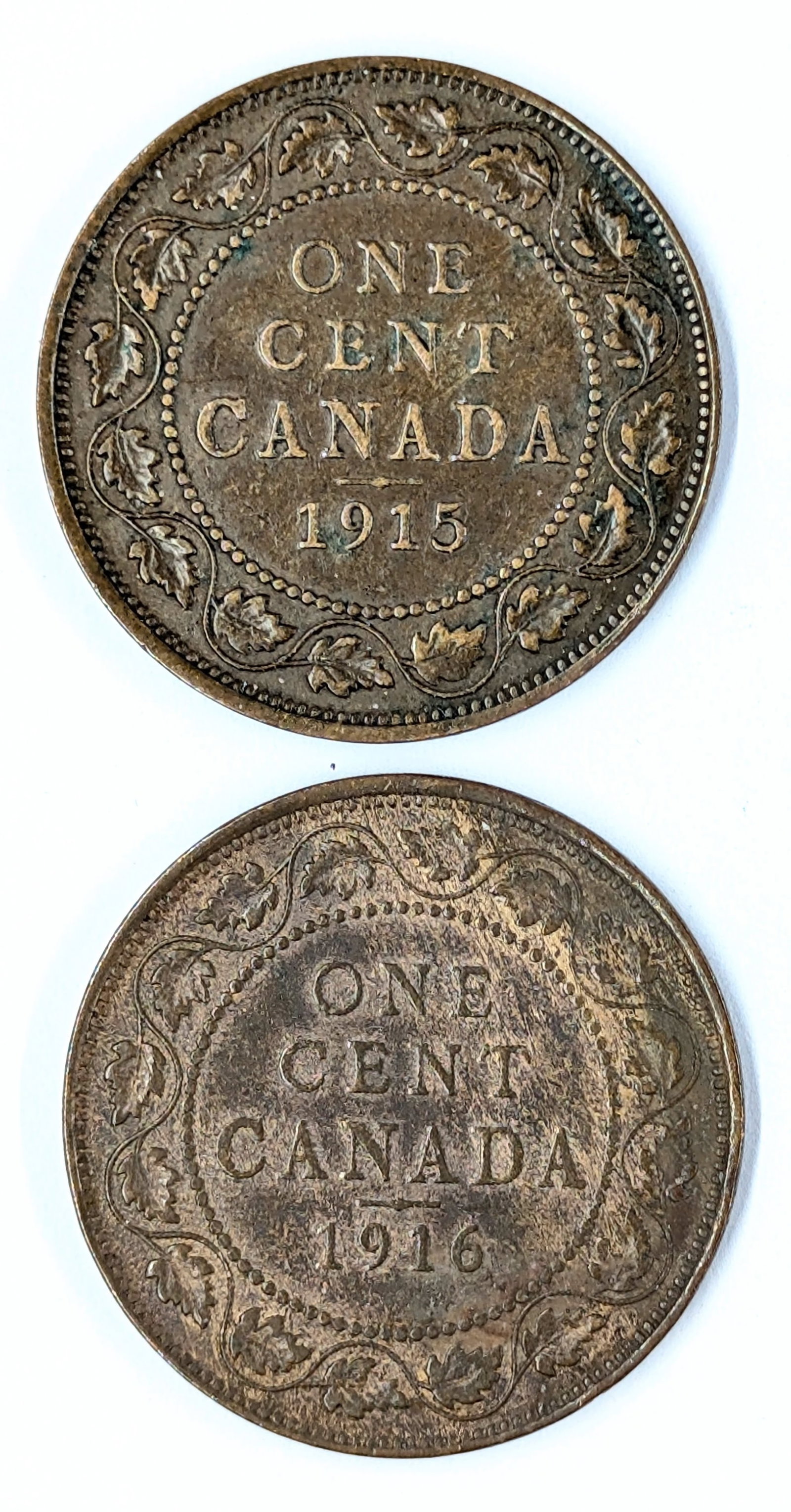 Lot of 2 Canadian Cents - 1915, 1916: Coin