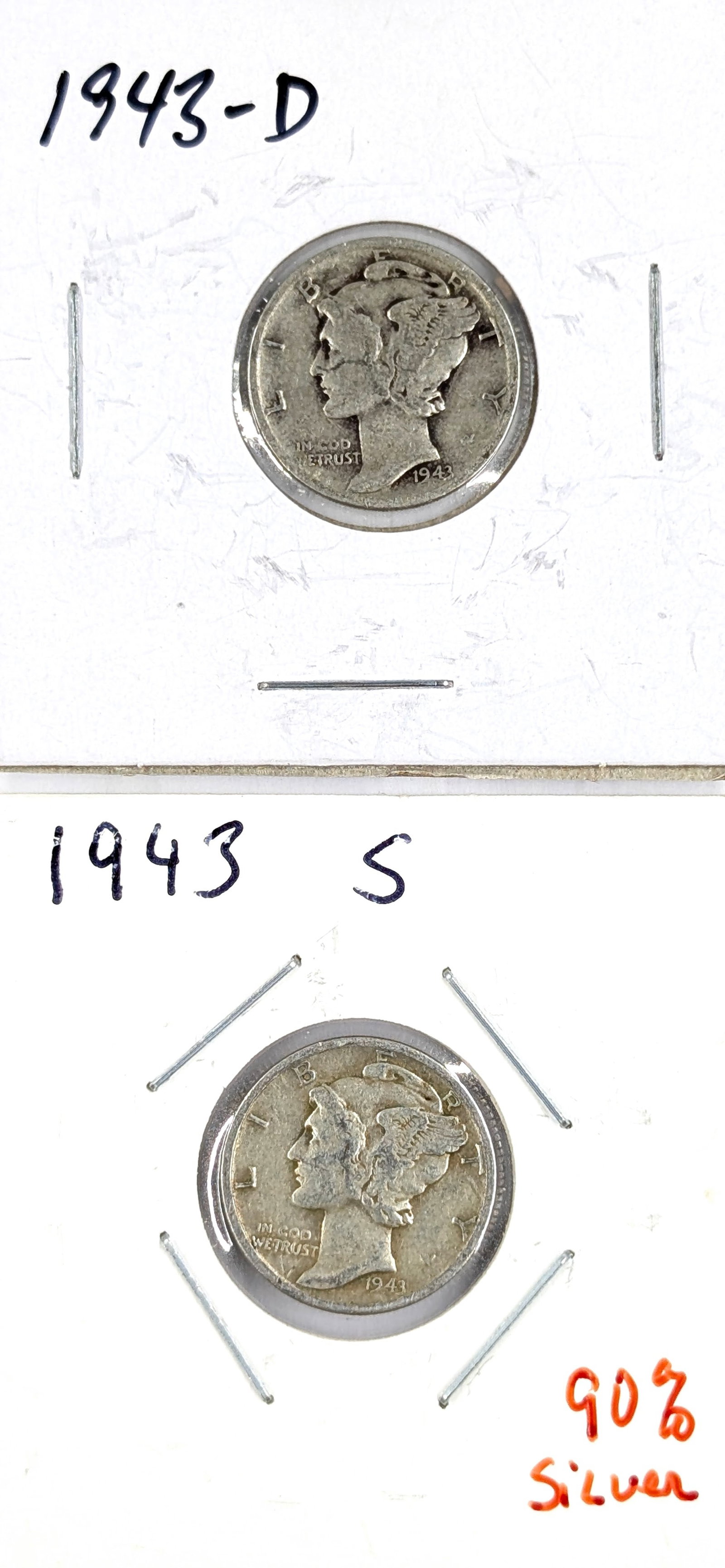 Lot of 2 Silver Mercury Dimes - 1943 D/S: Silver