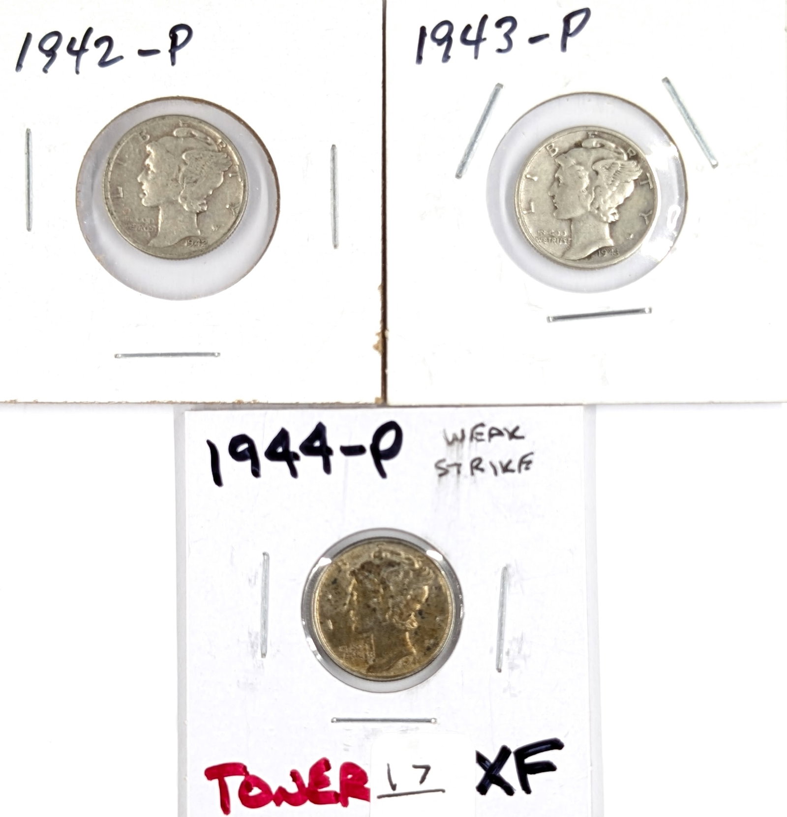 Lot of 3 Silver Mercury Dimes - 1942, 1943, 1944 (1 of 2)