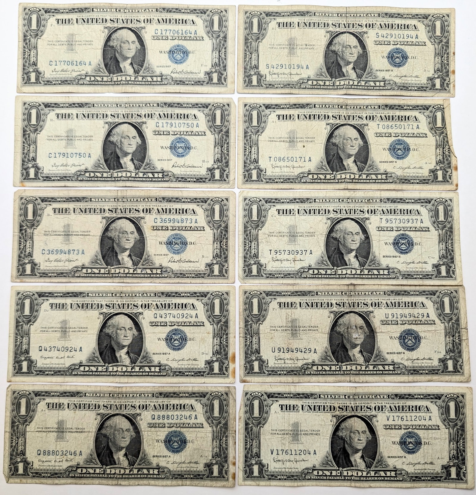 Lot of 10 - 1957/1957 A/B $1 Notes - Silver Certificates: Heavily Circulated Condition