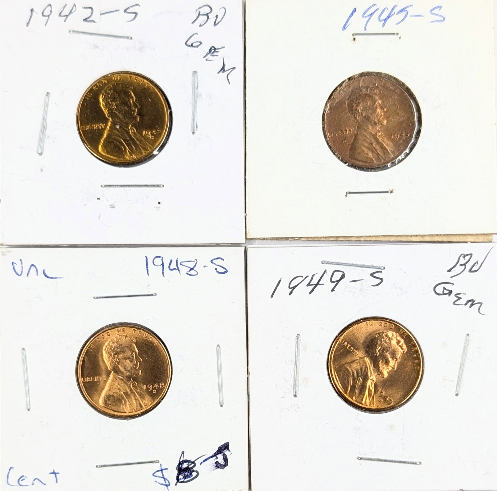 Lot of 4 Wheat Cents - Mostly Uncirculated 1942-1949: Coin