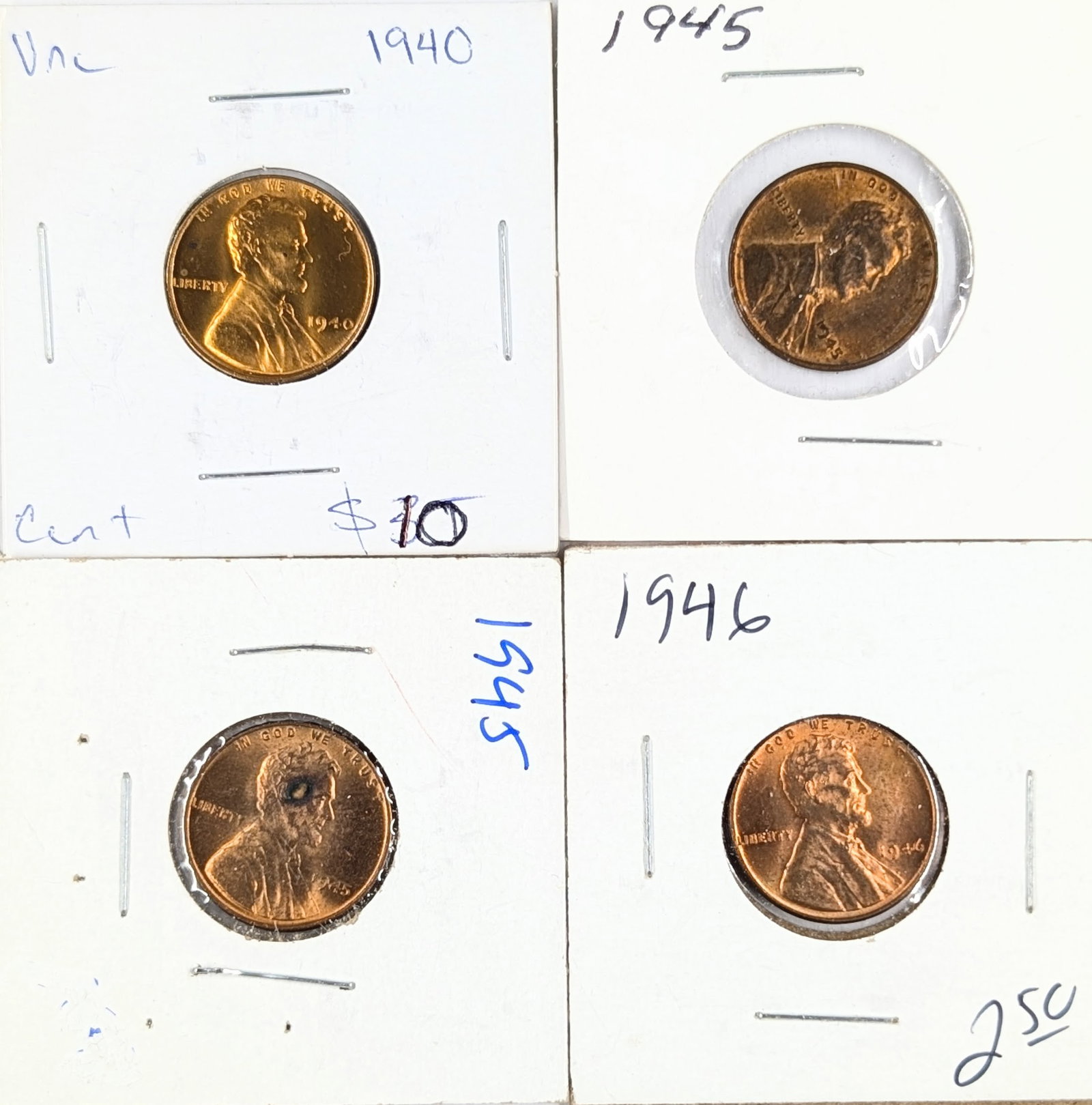 Lot of 4 Wheat Cents - Mostly Uncirculated 1940-1946: Coin