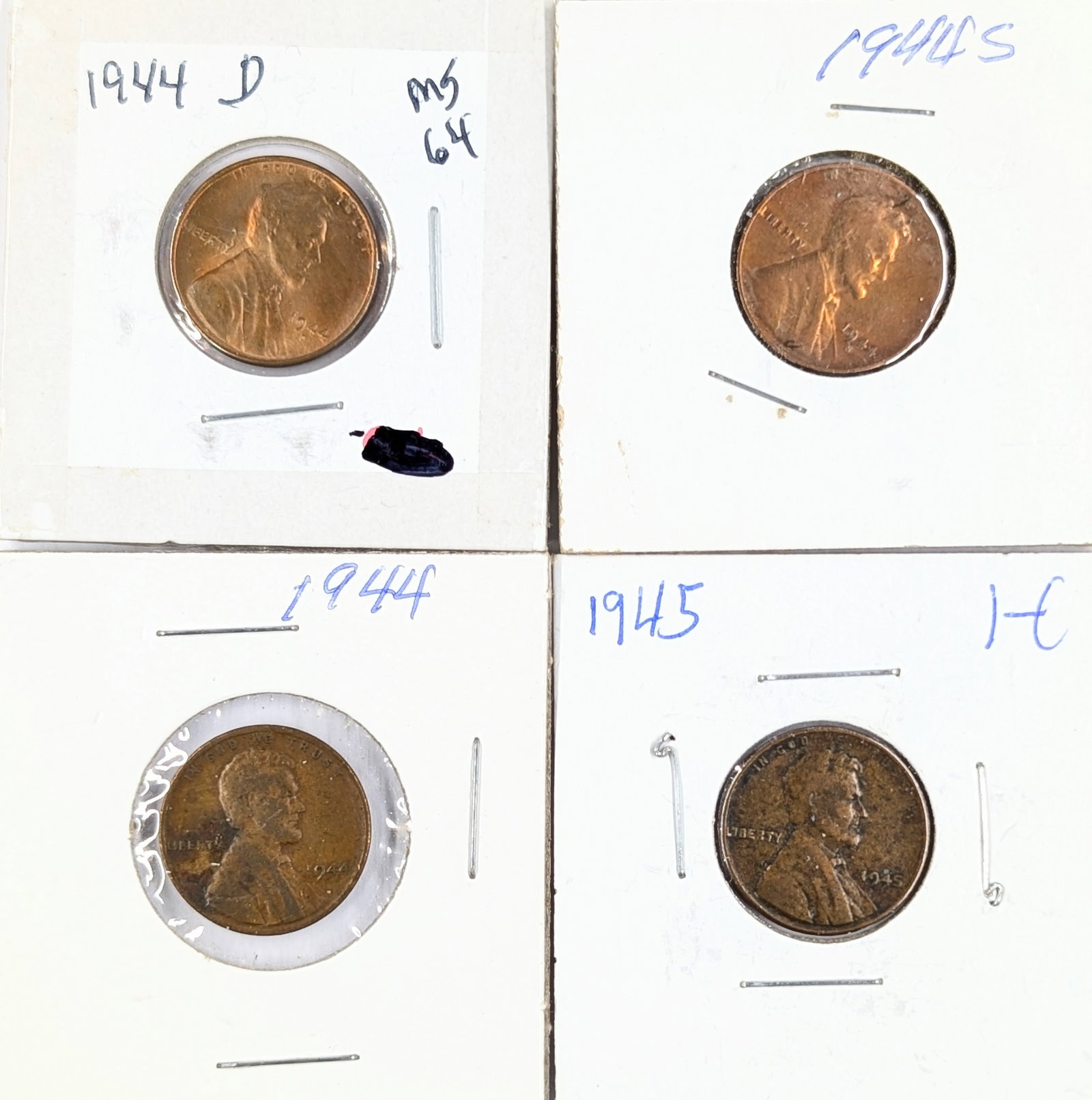 Lot of 4 Wheat Cents - 1944 P/D/S, 1945 - Some Uncirculated: Coin