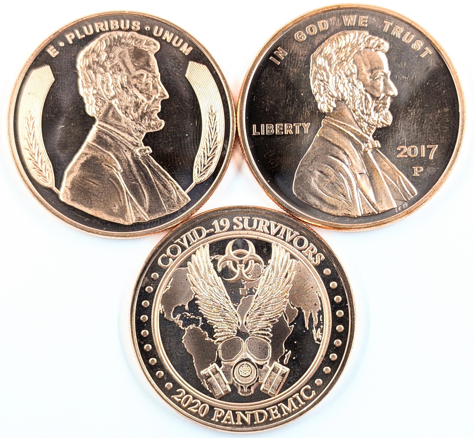 Lot of 3 - 1 Ounce (each) Fine .999 Copper Rounds - Lincoln & Covid: Copper