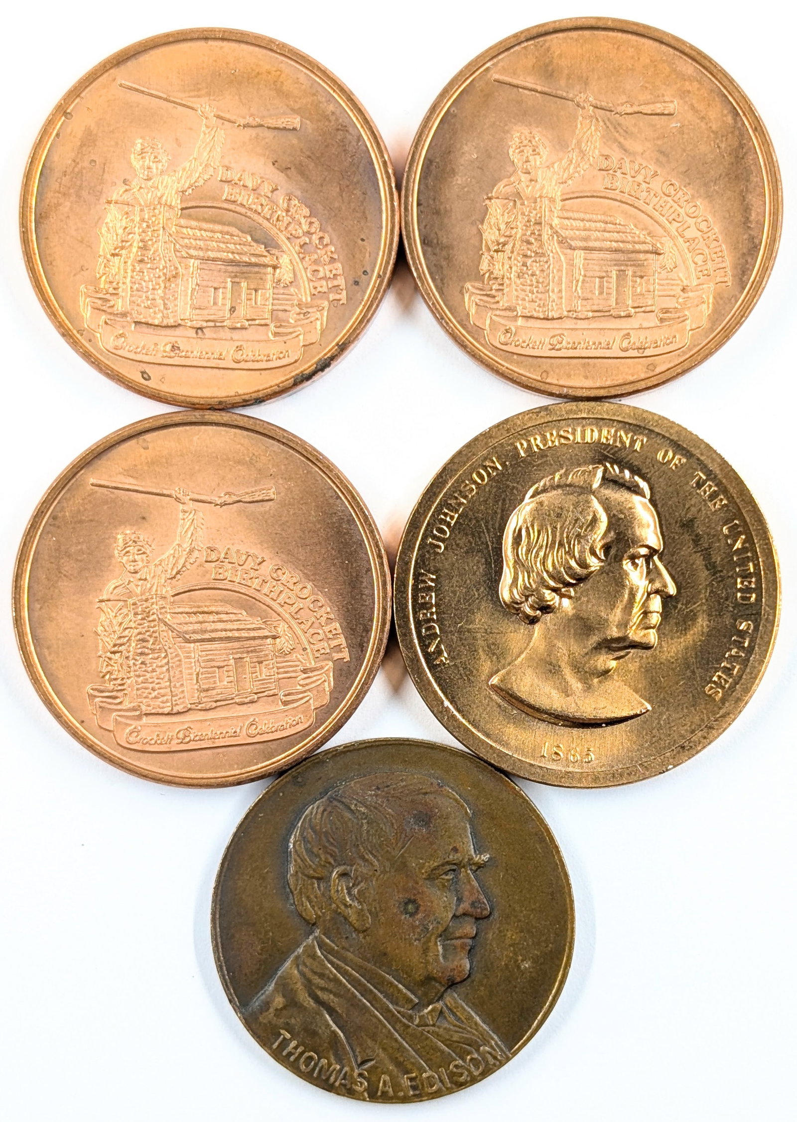 Lot of 5 Commemorative Tokens - Andrew Johnson, Davy Crockett, Thomas Edison (1 of 2)