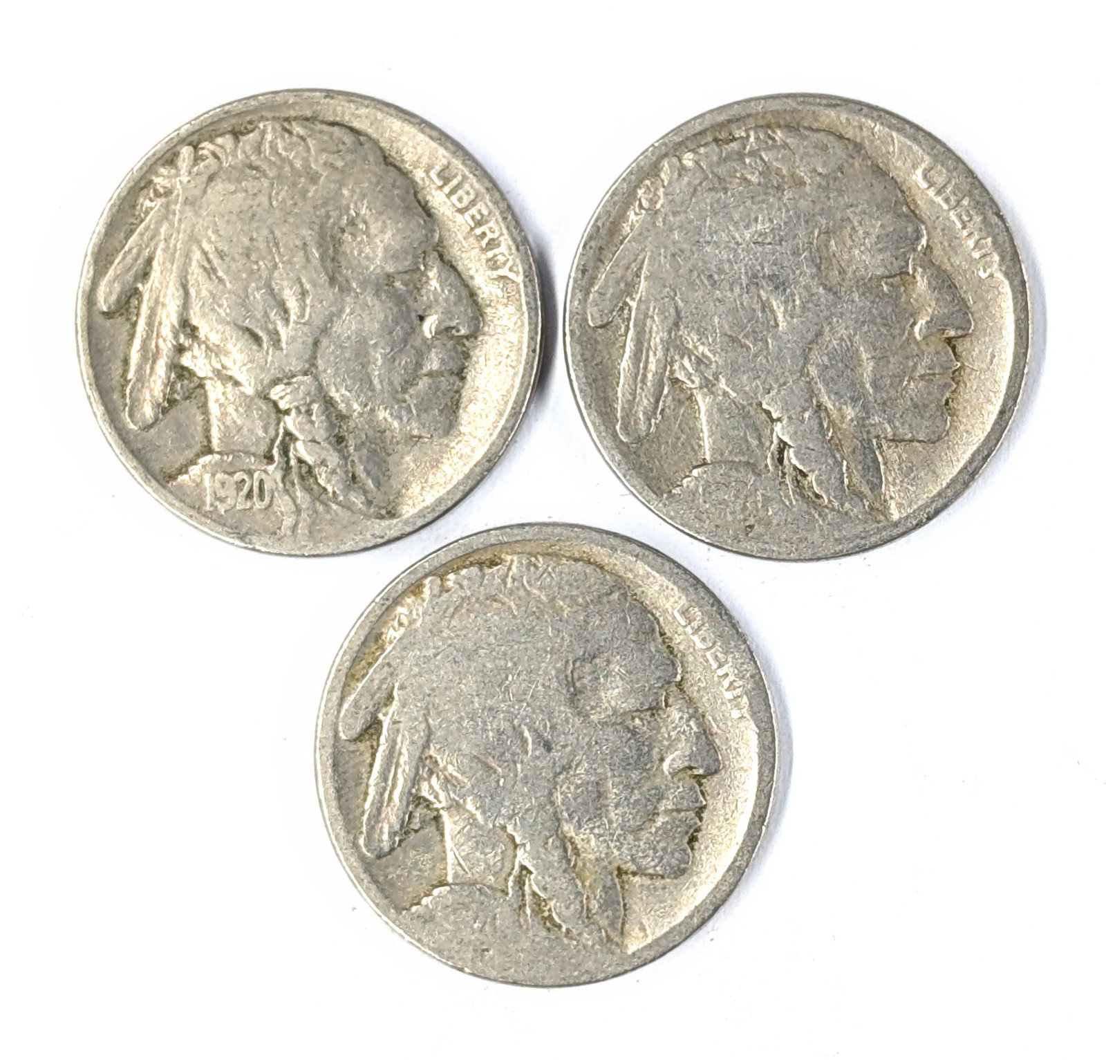 Lot of 3 Buffalo Head Nickels - 1920, No dates: Coin