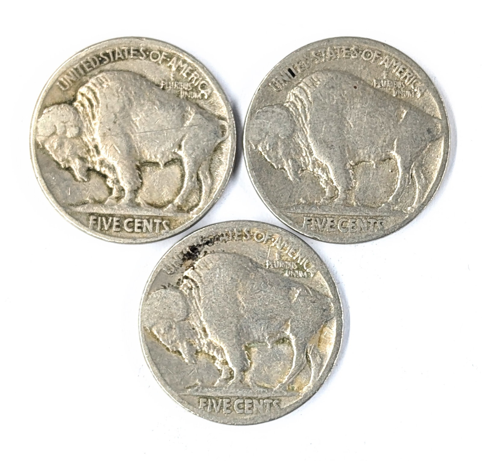 Lot of 3 Buffalo Head Nickels - 1920, No dates - 2