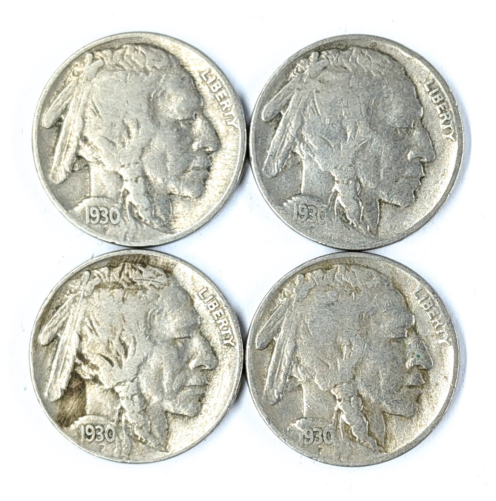 Lot of 4 Buffalo Head Nickels - All 1930: Coin