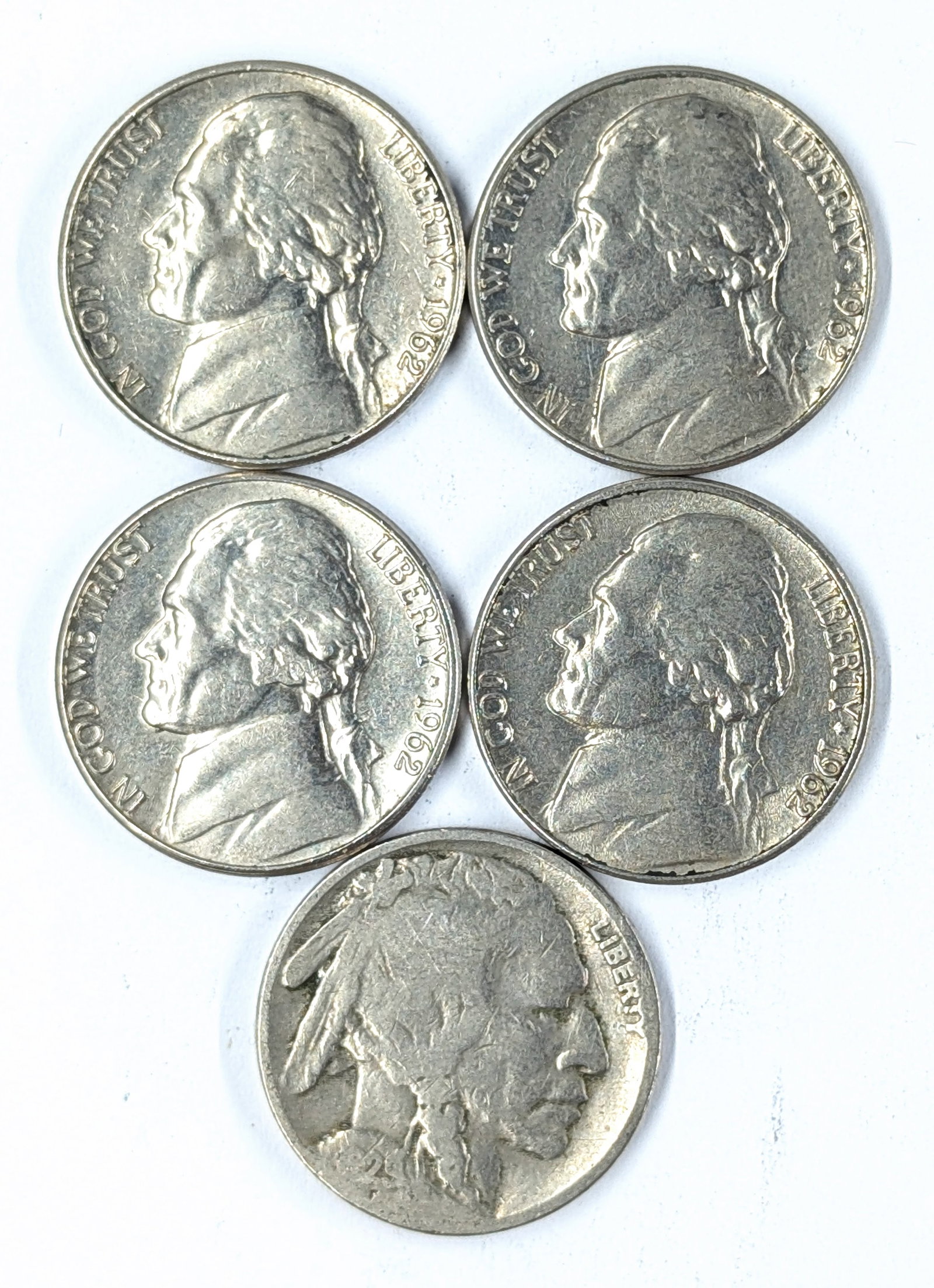 Lot of 5 Buffalo & Jefferson Nickels - 1929, 1962-D(4) (1 of 2)