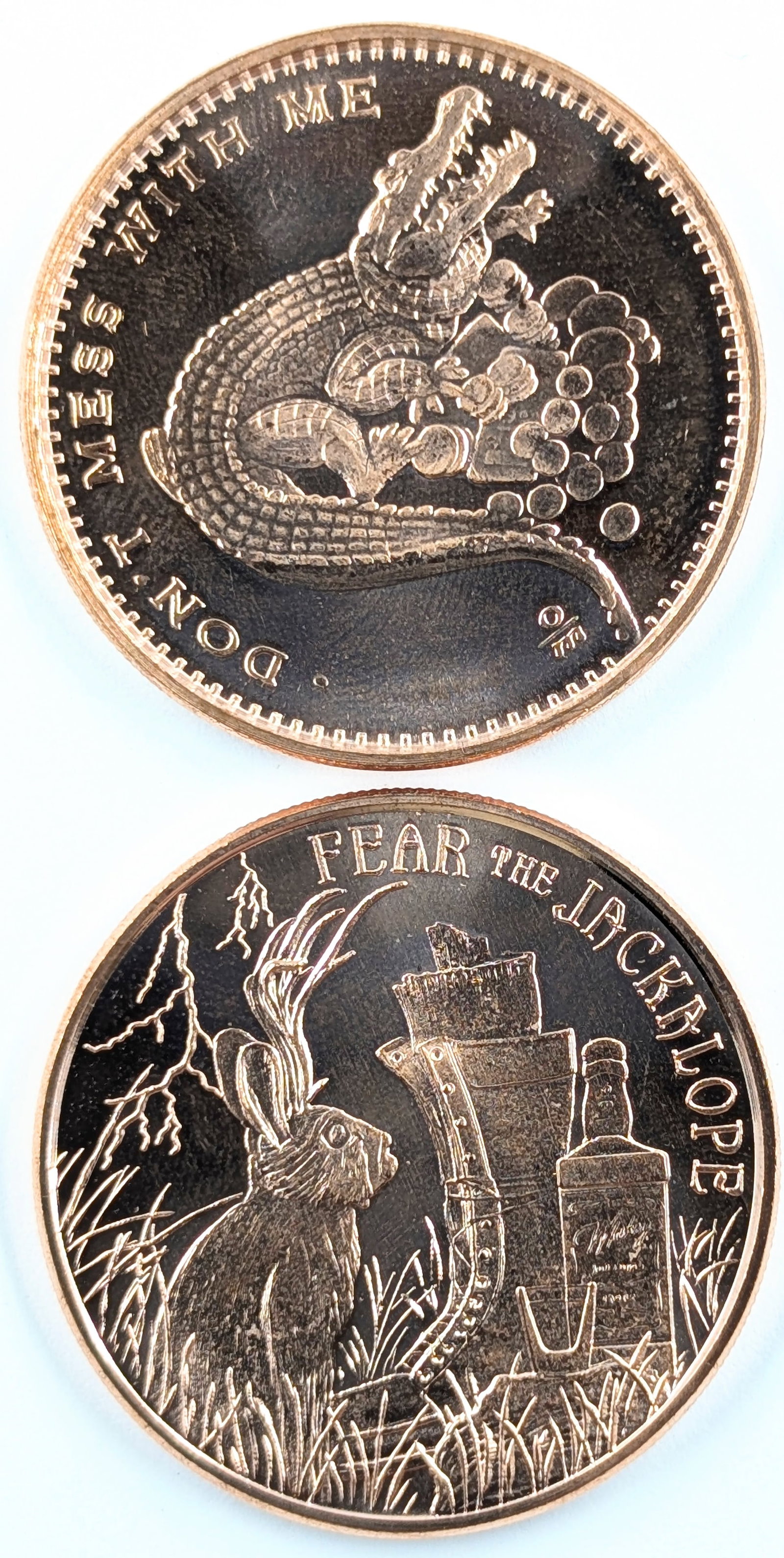 Lot of 2 - 1 Ounce (each) Fine .999 Copper Rounds - Gator & Jackalope: Copper