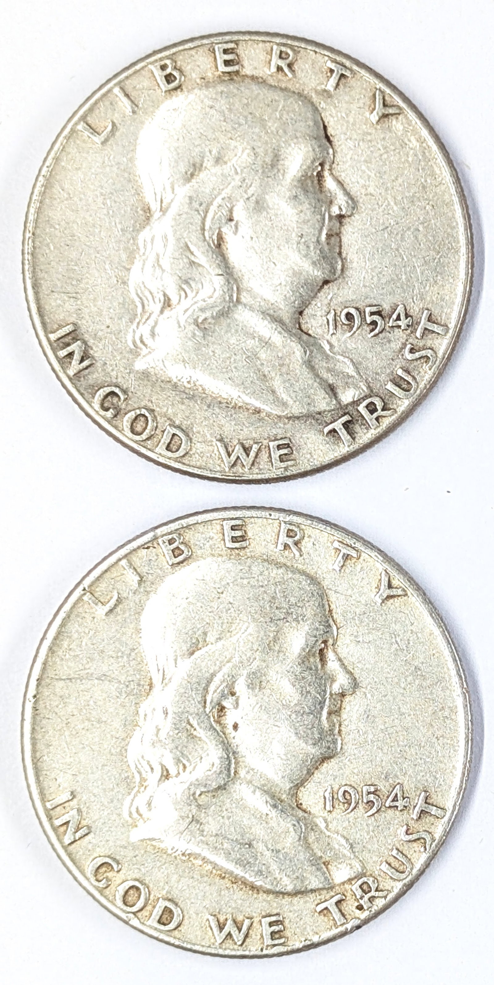 Lot of 2 Silver Franklin Half Dollars- Both 1954: Silver