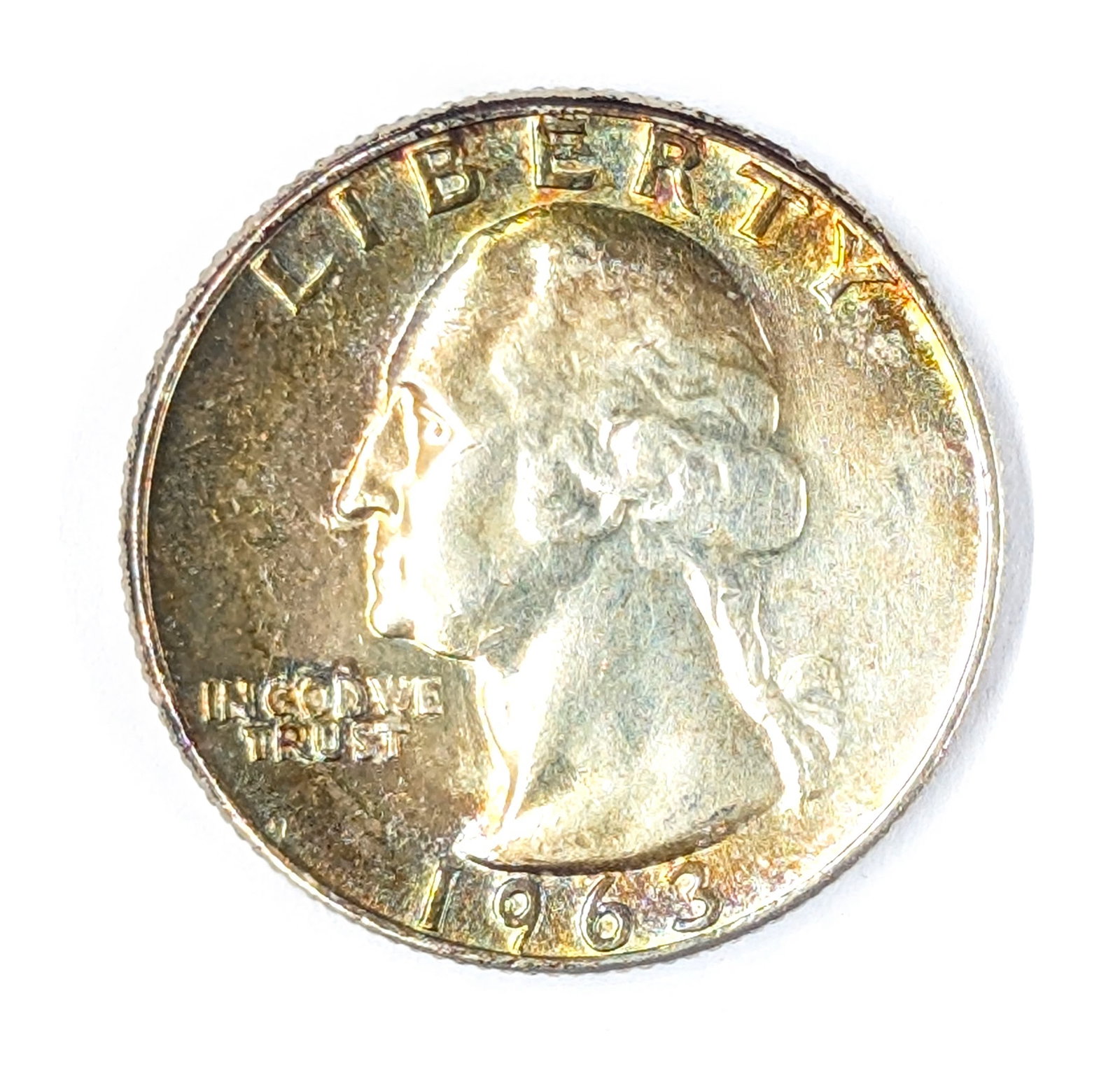 1963 Silver Washington Quarter- Uncirculated, Rainbow Toning: Silver