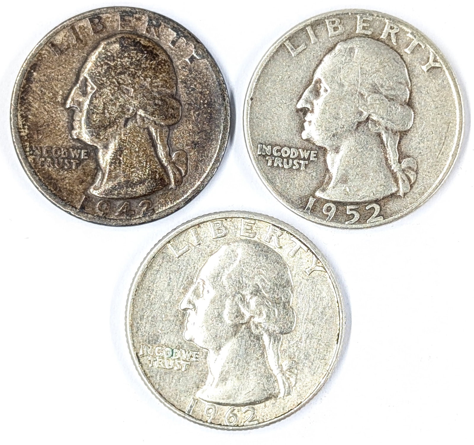 Lot of 3 Silver Washington Quarters- 1942,1952-D, 1962-D: Silver