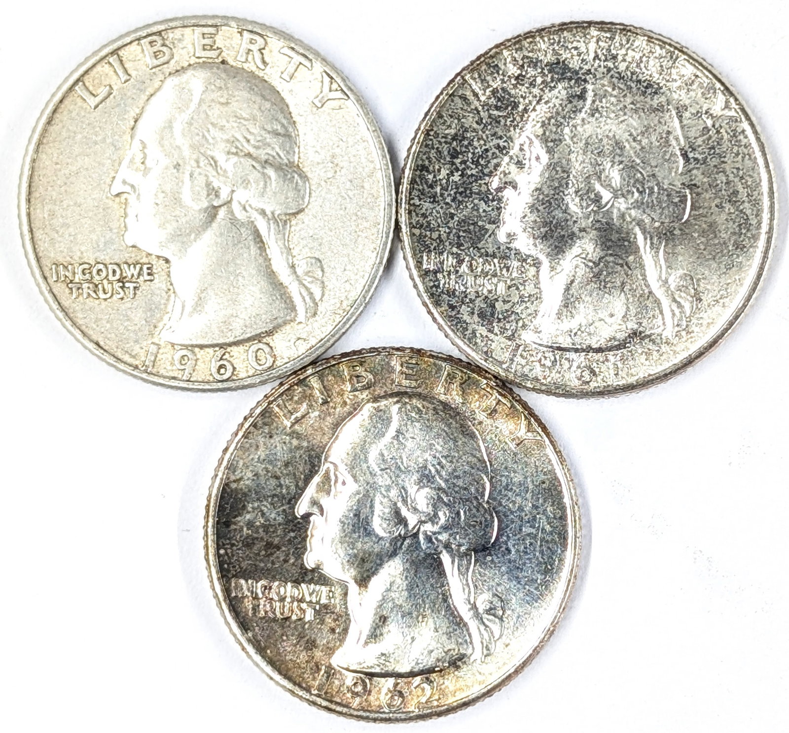 Lot of 3 Silver Washington Quarters- 1960, 1961, 1962: Some Uncirculated/Toned