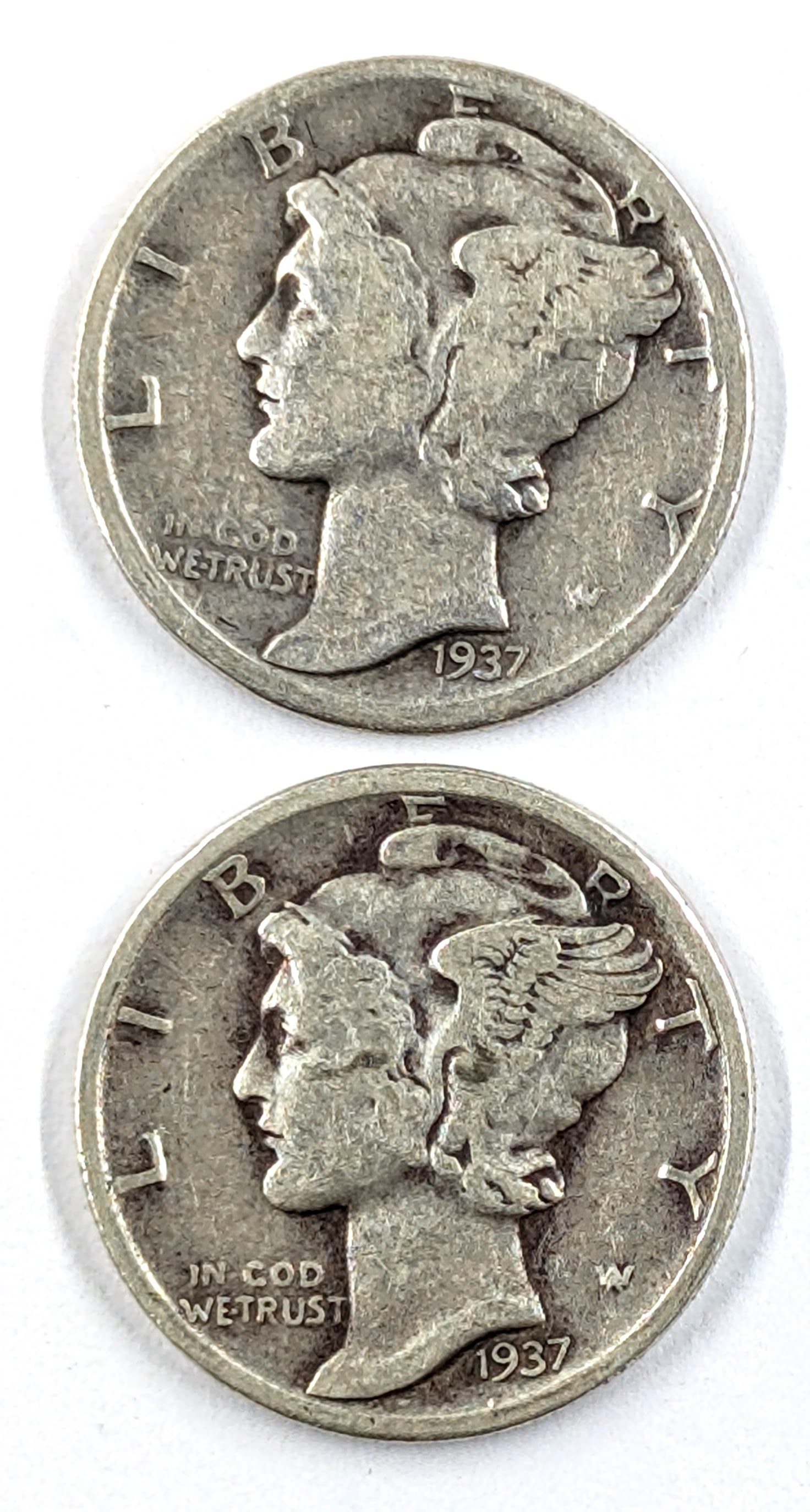 Lot of 2 Silver Mercury Dimes- Both 1937: Silver