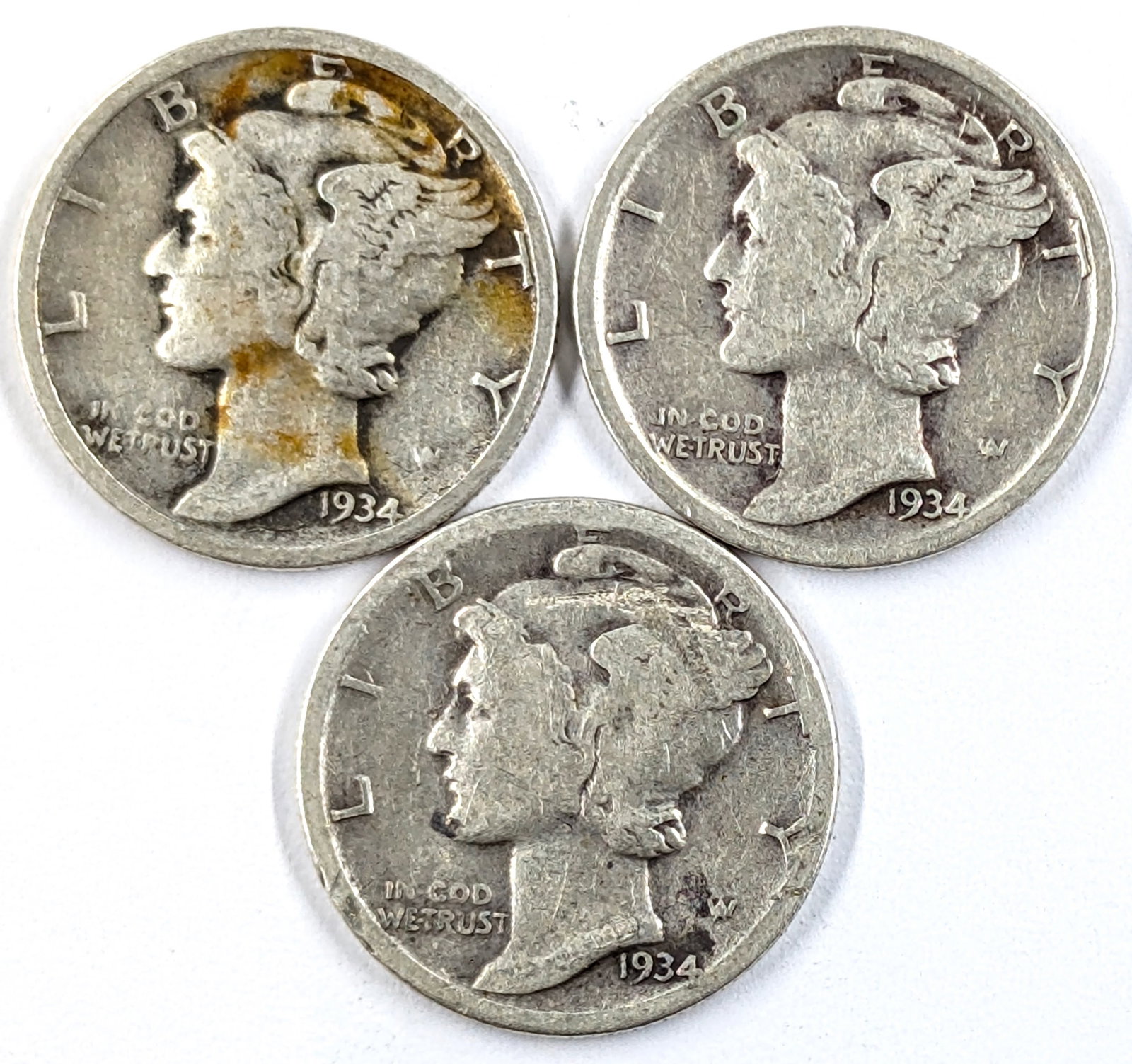 Lot of 3 Silver Mercury Dimes- All 1934: Silver