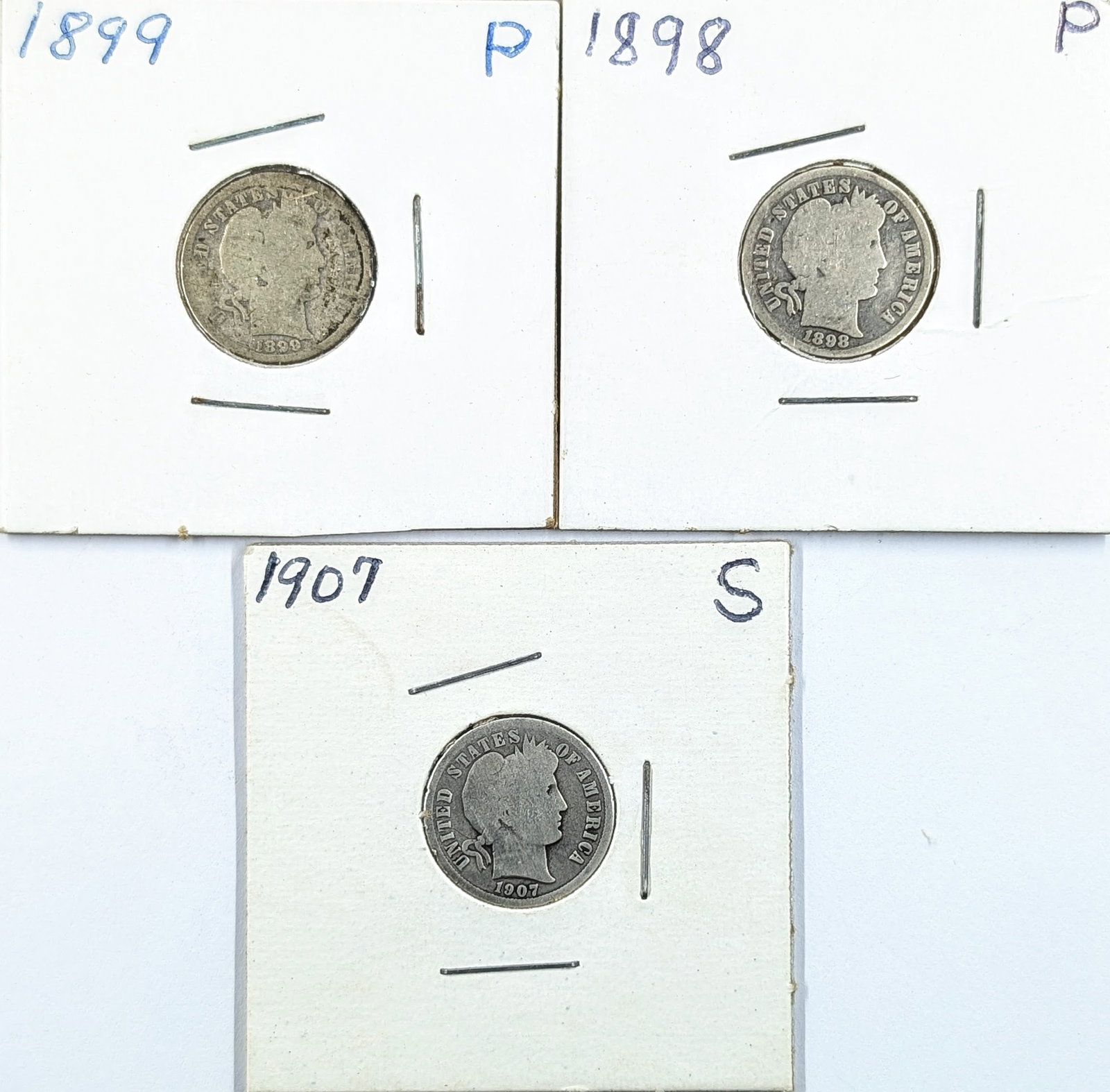 Lot of 3 Silver Barber Dimes- 1899, 1898, 1907-S: Silver