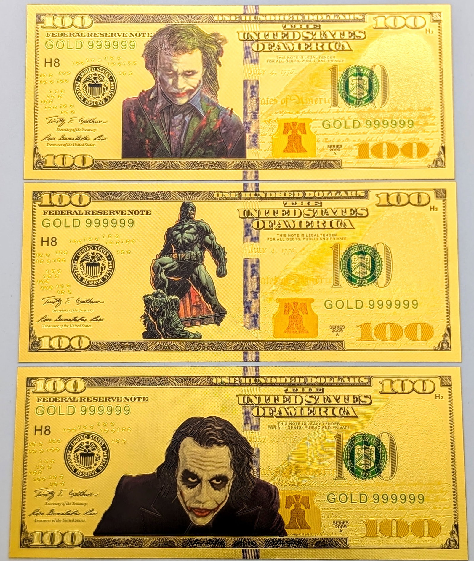 Lot of 3 Joker & Batman Gold foil $100 design: Gold Foil