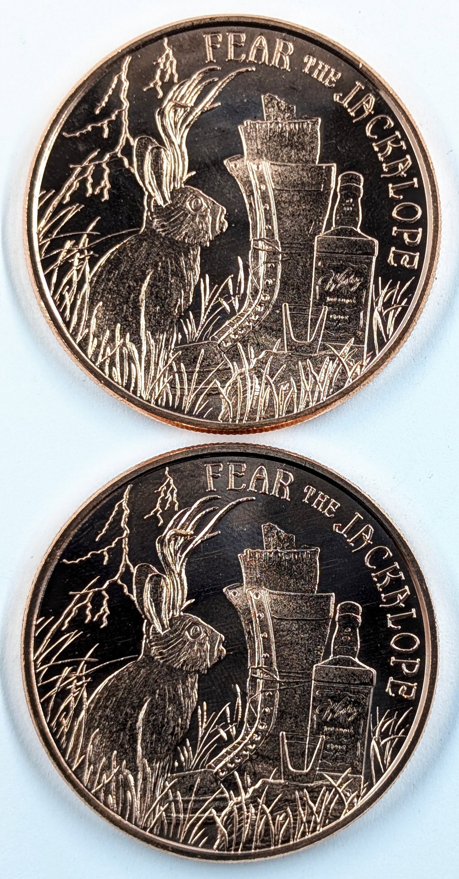 Lot of 2 - 1 Ounce (each) Fine .999 Copper Rounds- Fear the Jackalope: Copper